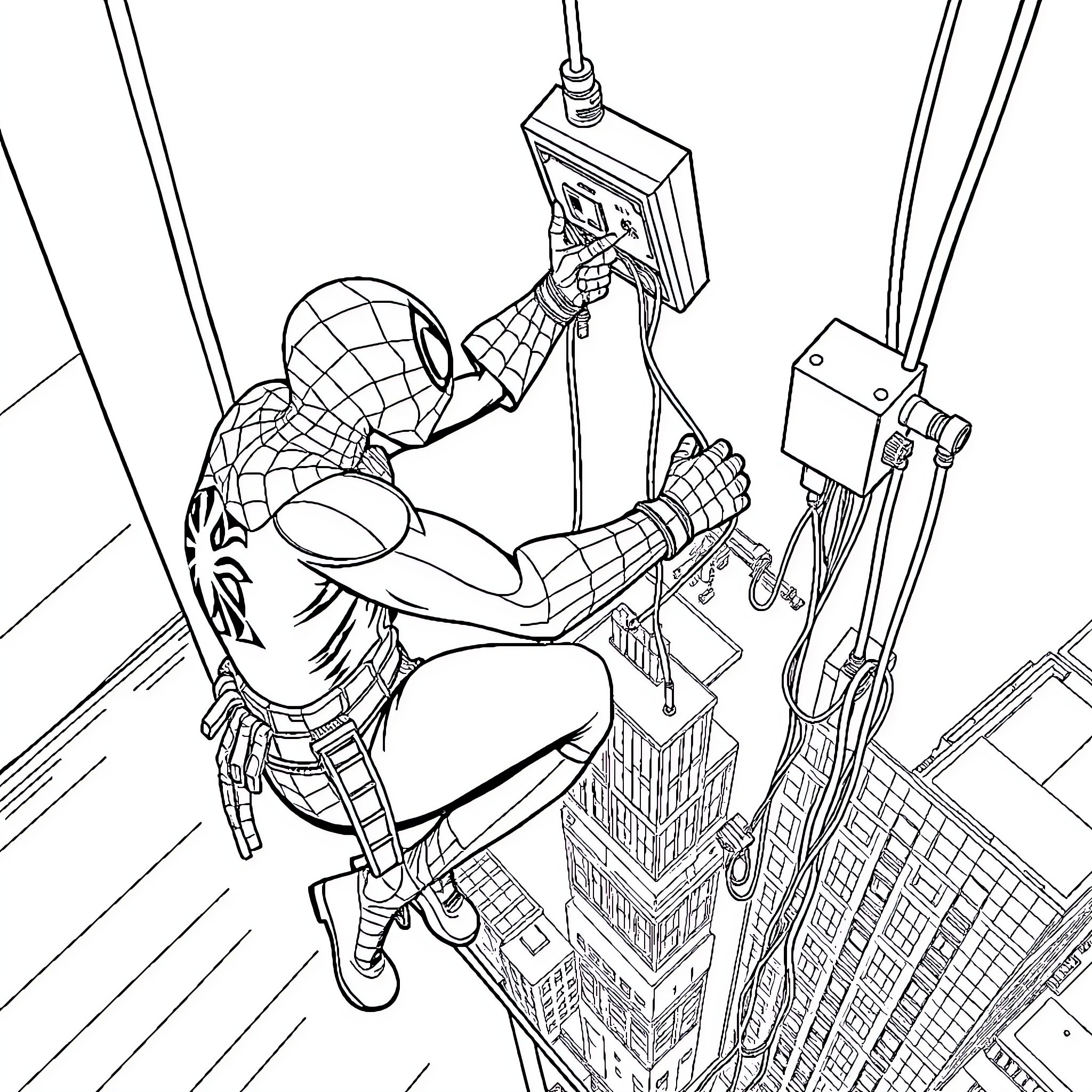 Spiderman swinging high above the city Coloring Page (free black-and-white line drawing printable PDF for all, from beginners to advanced learners, including children, teens, adults, and seniors)