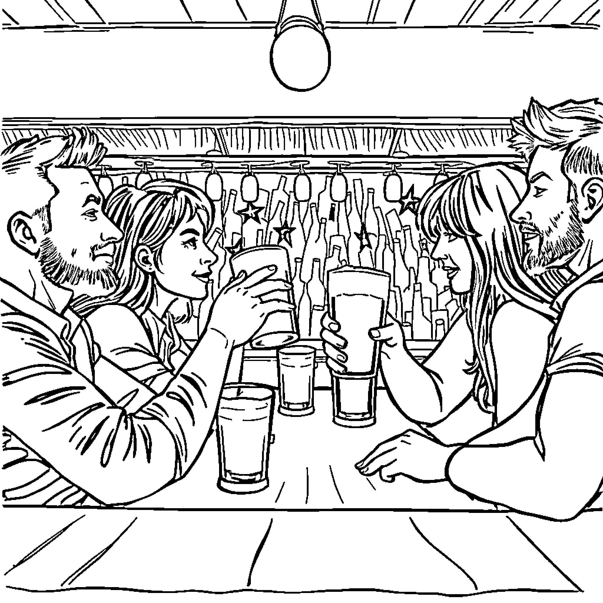 Beer friends enjoying drinks at the bar Coloring Page (free black-and-white line drawing printable PDF for all, from beginners to advanced learners, including children, teens, adults, and seniors)
