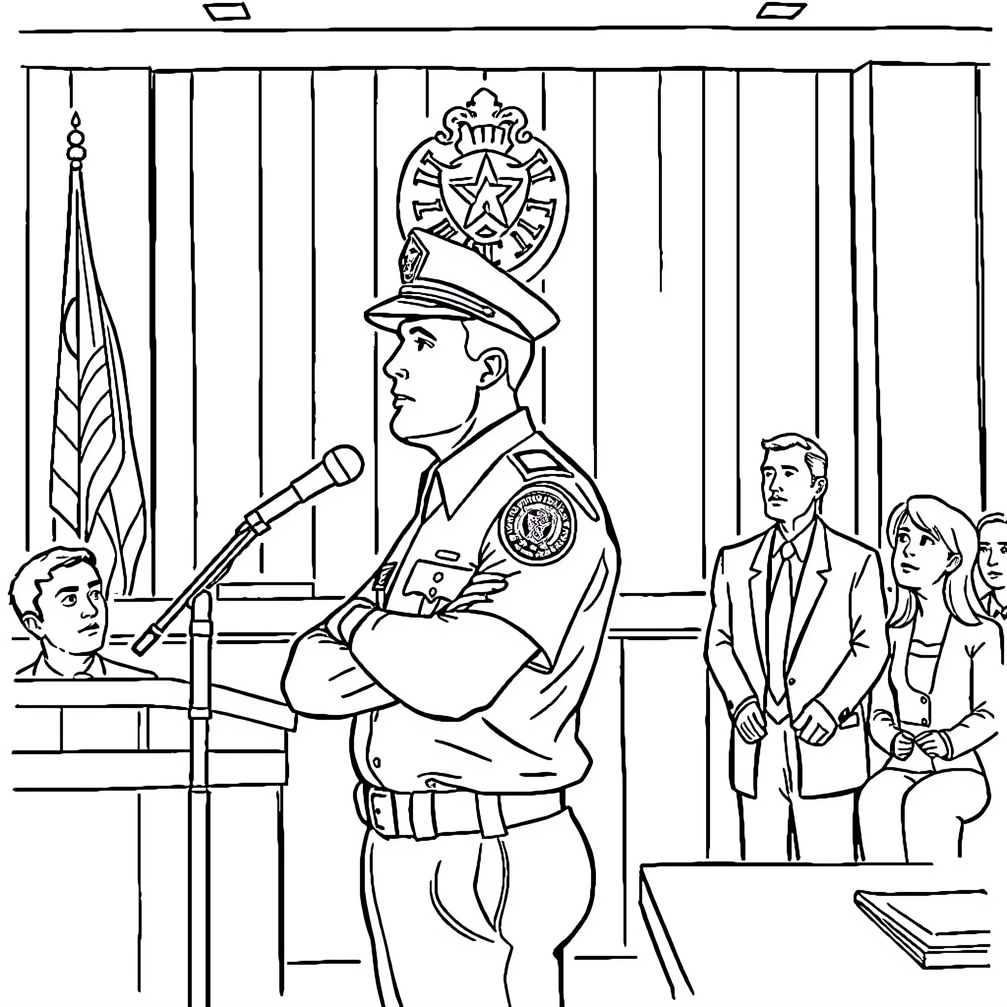 Police Officer Standing at Podium in Courtroom Coloring Page (free black-and-white line drawing printable PDF for all, from beginners to advanced learners, including children, teens, adults, and seniors)
