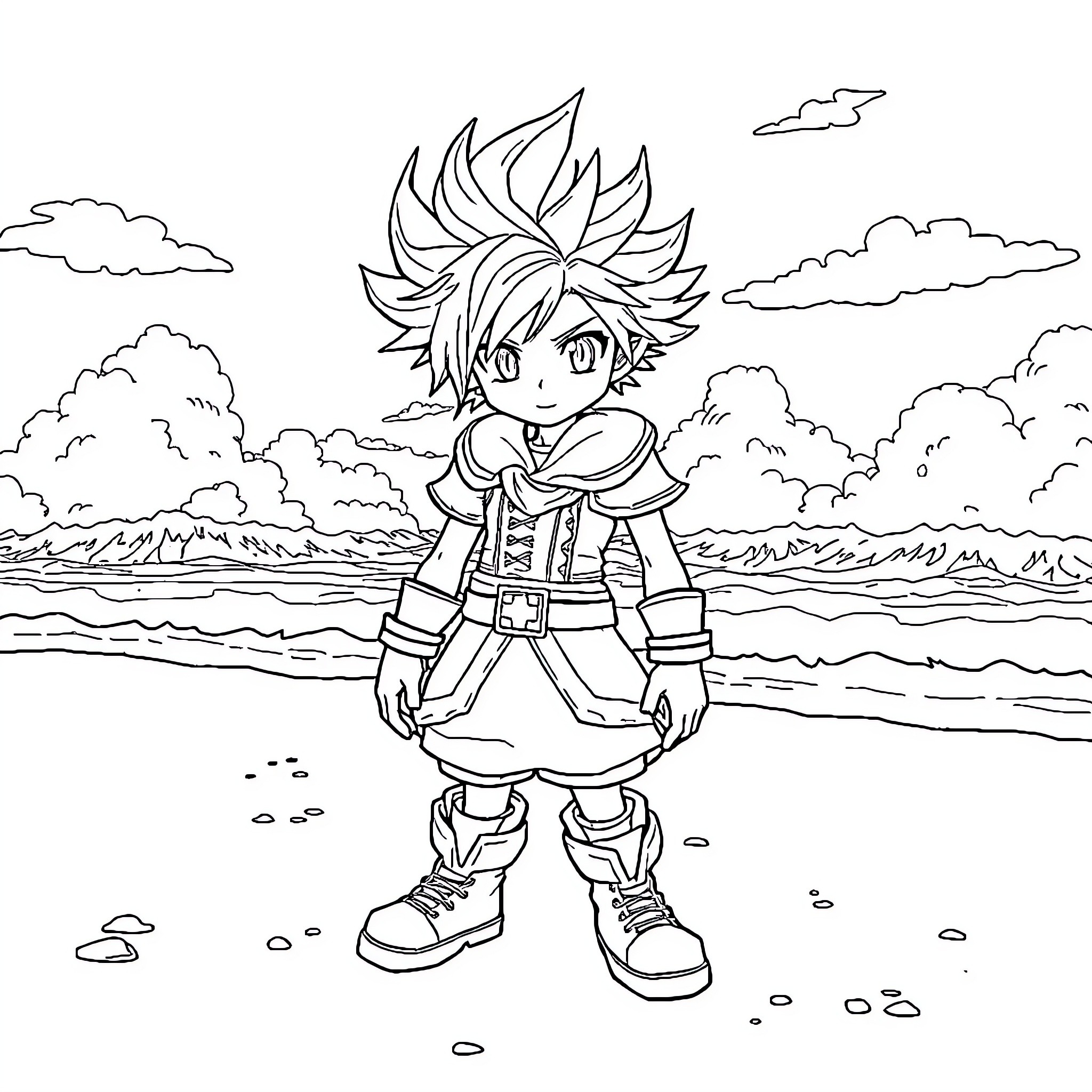 Cloud hero character stands on the shore Coloring Page (free black-and-white line drawing printable PDF for all, from beginners to advanced learners, including children, teens, adults, and seniors)