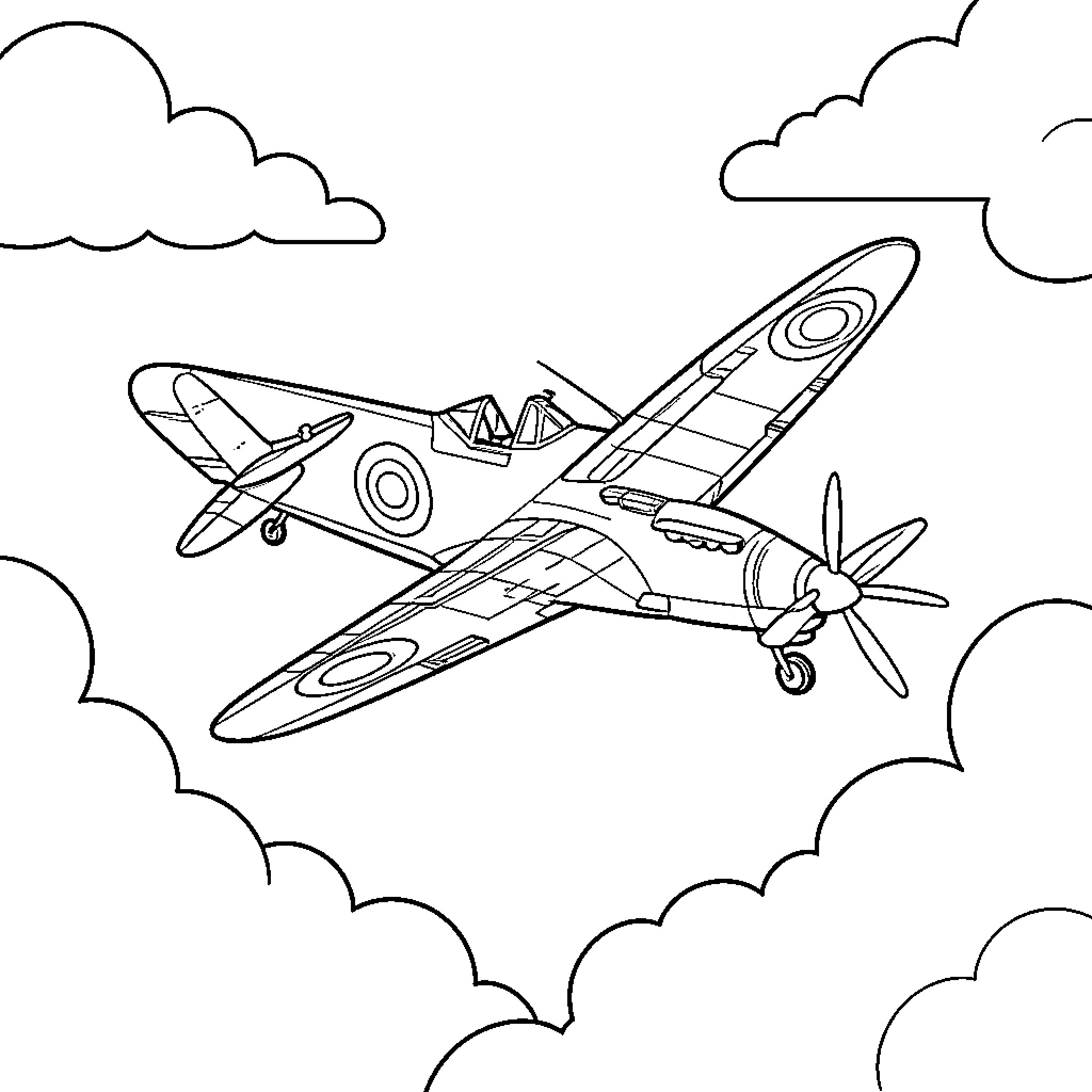 Fire Plane flying through the clouds Coloring Page (free black-and-white line drawing printable PDF for all, from beginners to advanced learners, including children, teens, adults, and seniors)
