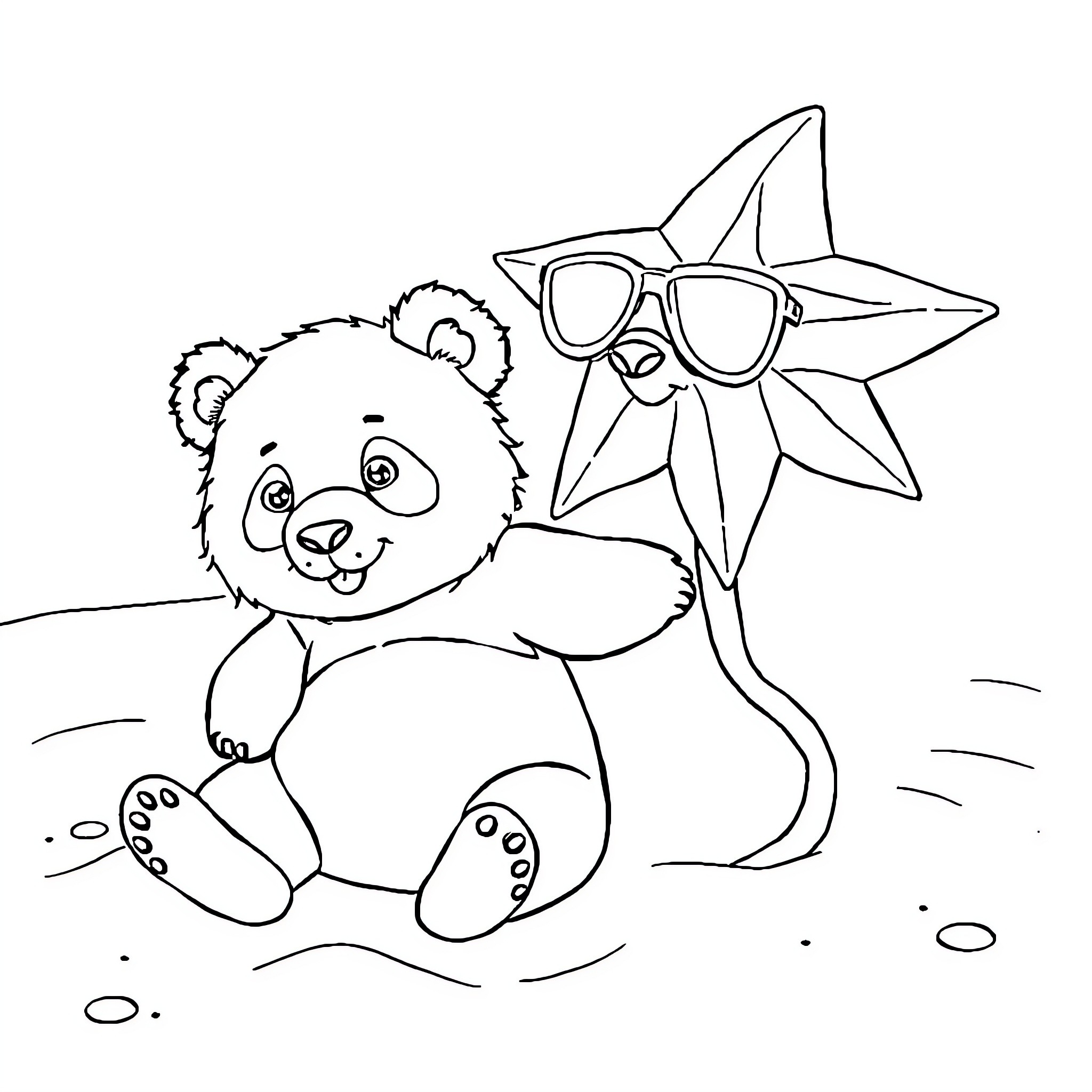 Panda playing with a star-shaped toy Coloring Page (free black-and-white line drawing printable PDF for all, from beginners to advanced learners, including children, teens, adults, and seniors)