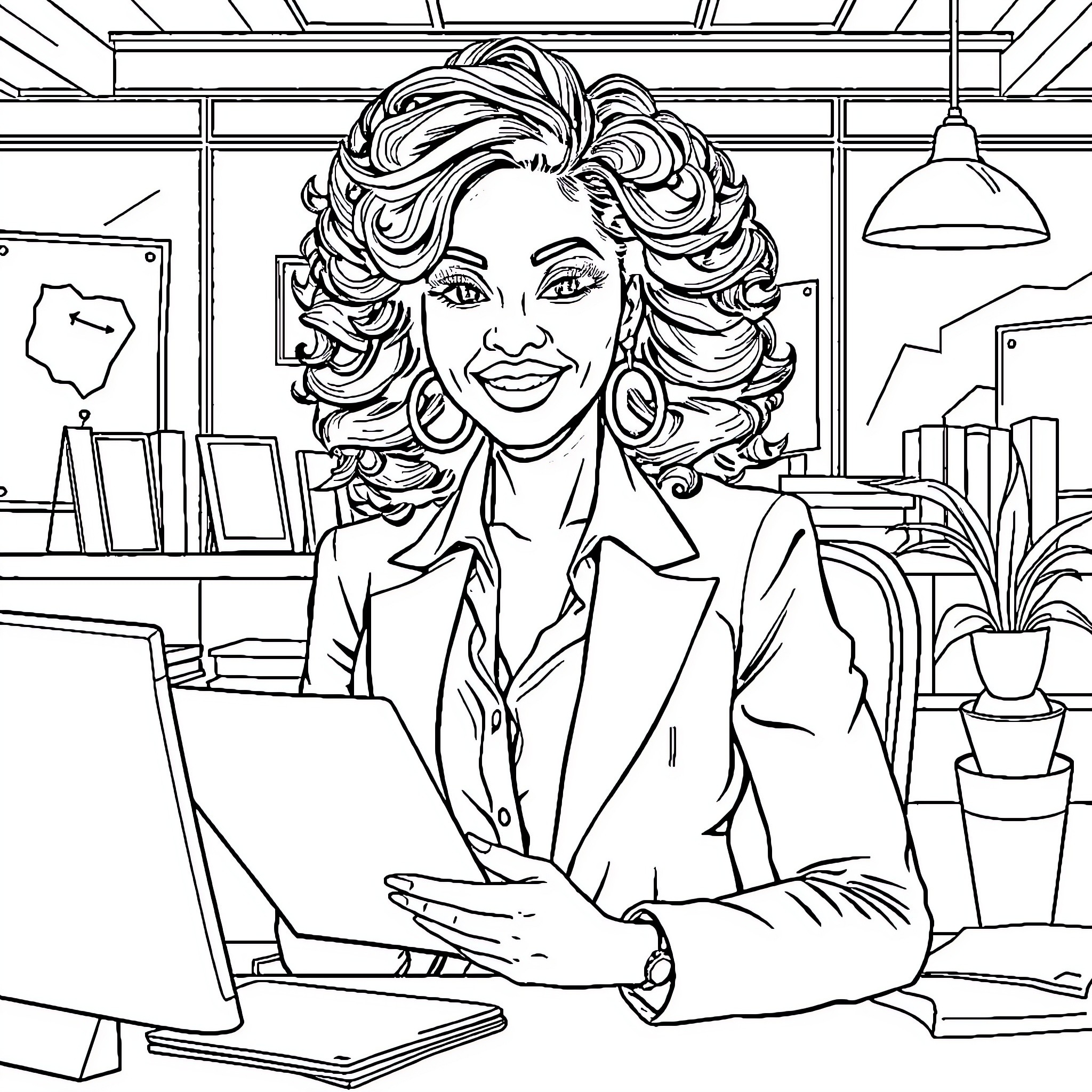 Woman working confidently in a stylish office Coloring Page (free black-and-white line drawing printable PDF for all, from beginners to advanced learners, including children, teens, adults, and seniors)