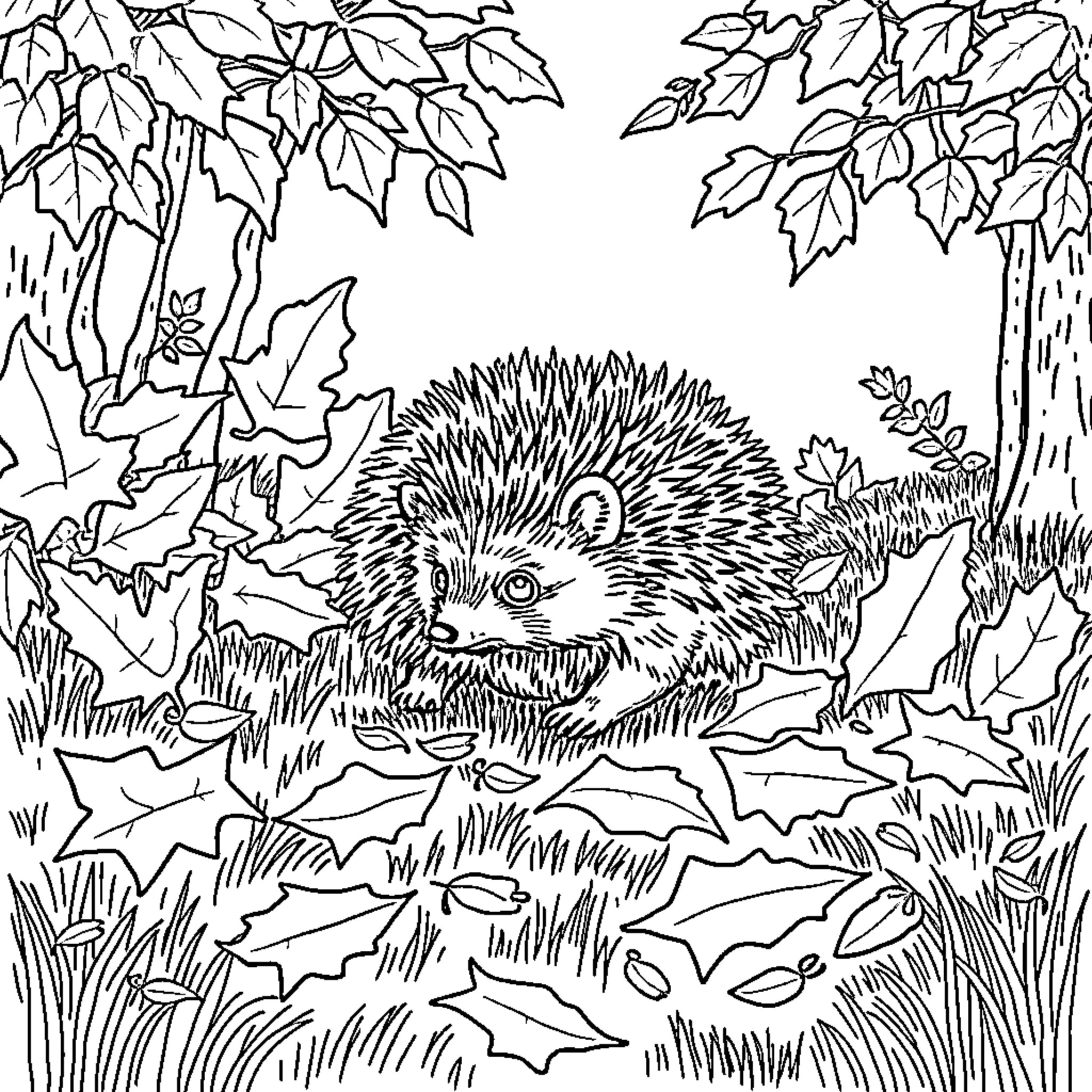 Hedgehog resting peacefully in the forest Coloring Page (free black-and-white line drawing printable PDF for all, from beginners to advanced learners, including children, teens, adults, and seniors)