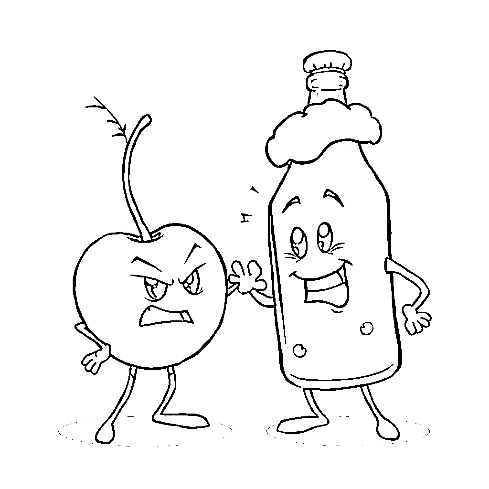 Cherry Characters Interact in Amusing Way Coloring Page (free black-and-white line drawing printable PDF for all, from beginners to advanced learners, including children, teens, adults, and seniors)