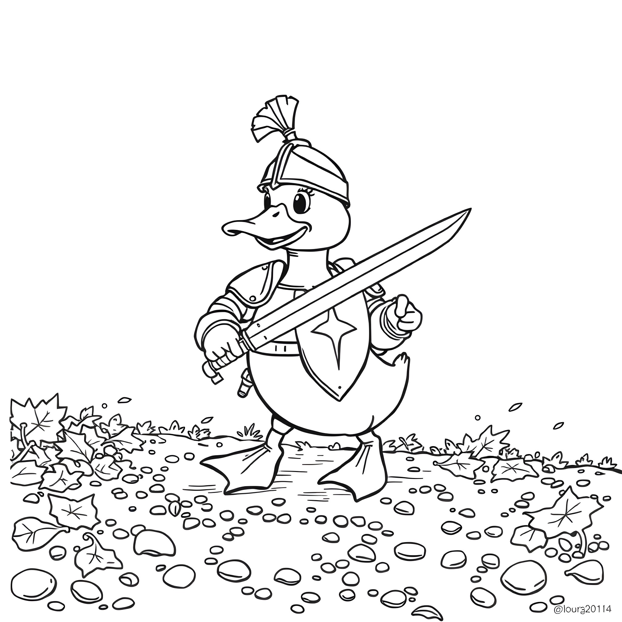 Duck knight wielding sword on grassy field Coloring Page (free black-and-white line drawing printable PDF for all, from beginners to advanced learners, including children, teens, adults, and seniors)