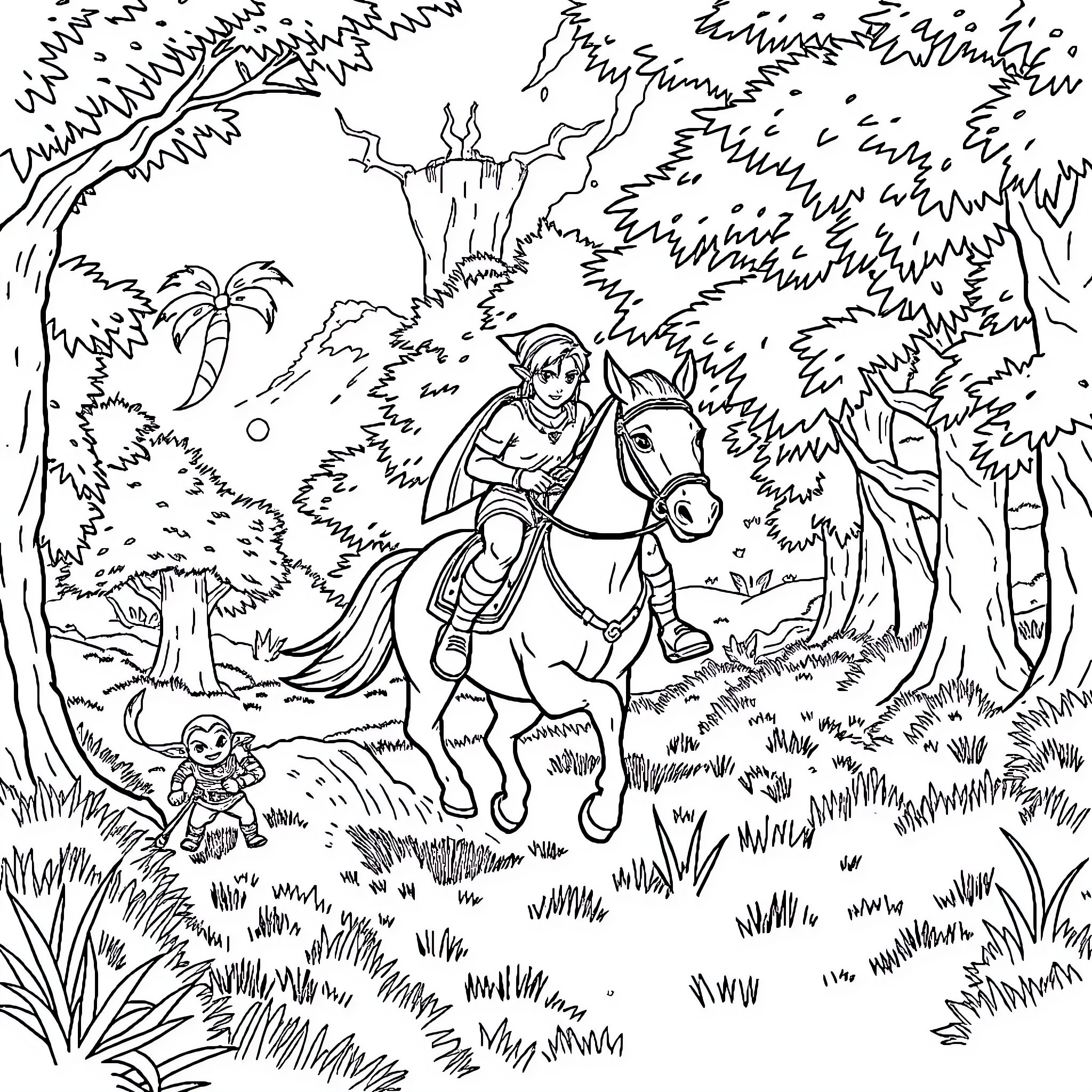 Link riding horse through dense forest Coloring Page (free black-and-white line drawing printable PDF for all, from beginners to advanced learners, including children, teens, adults, and seniors)