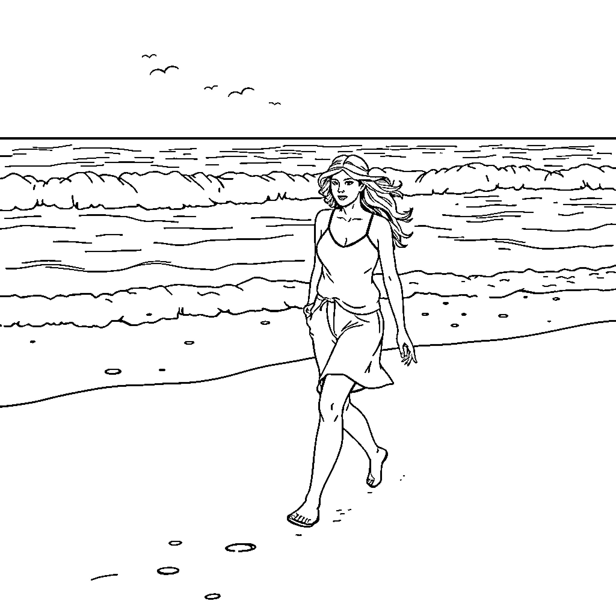 Sidney Sweeney walking along the beach Coloring Page (free black-and-white line drawing printable PDF for all, from beginners to advanced learners, including children, teens, adults, and seniors)