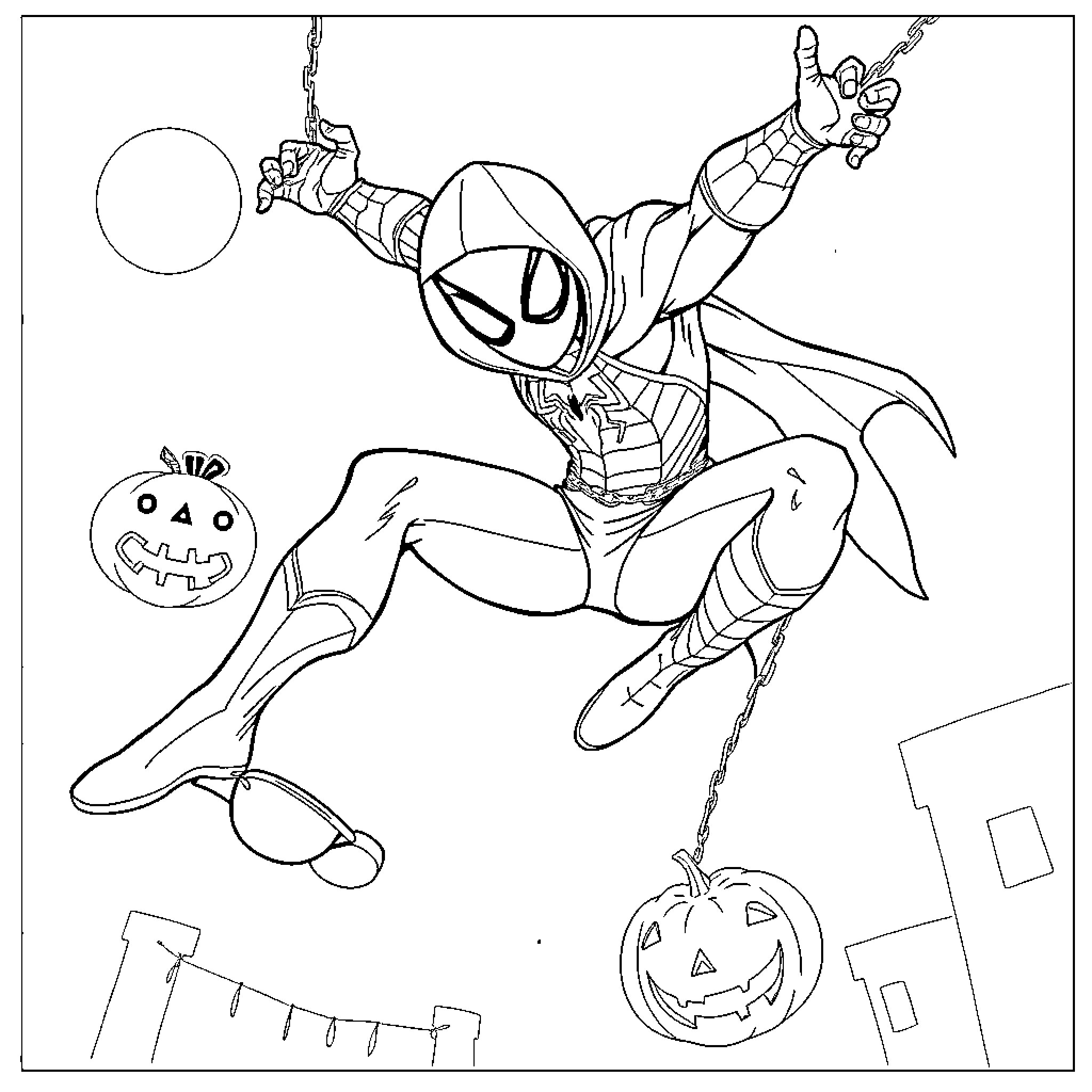 Spider-Man swinging with Halloween pumpkins and decorations Coloring Page (free black-and-white line drawing printable PDF for all, from beginners to advanced learners, including children, teens, adults, and seniors)