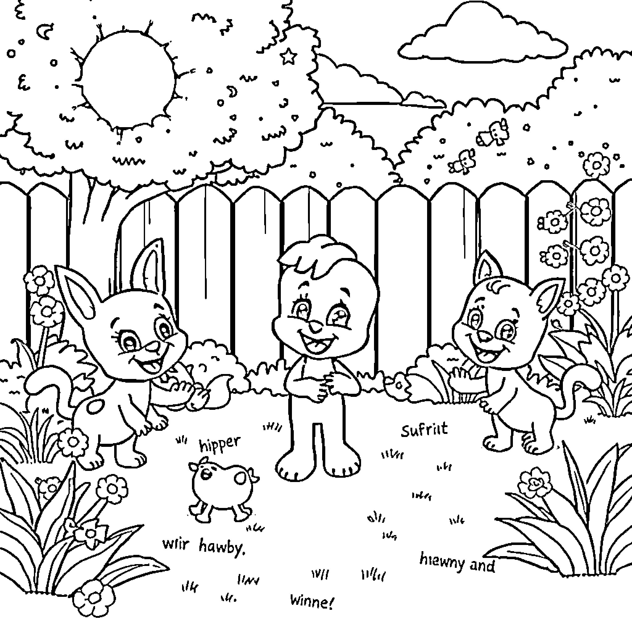 Bluey and friends playing in a garden Coloring Page (free black-and-white line drawing printable PDF for all, from beginners to advanced learners, including children, teens, adults, and seniors)