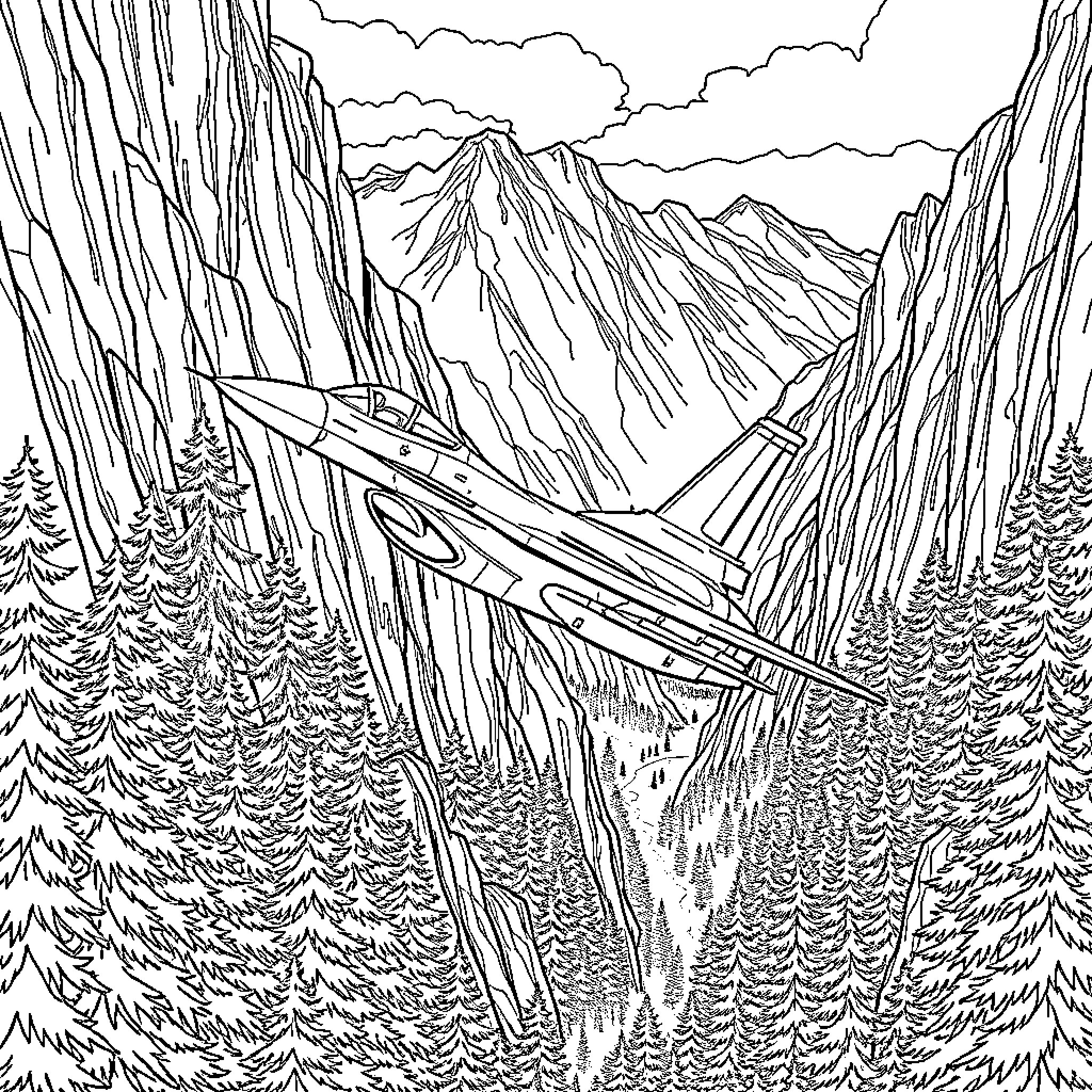 F-16 Fighter Jets Soaring Through Mountainous Landscape Coloring Page (free black-and-white line drawing printable PDF for all, from beginners to advanced learners, including children, teens, adults, and seniors)