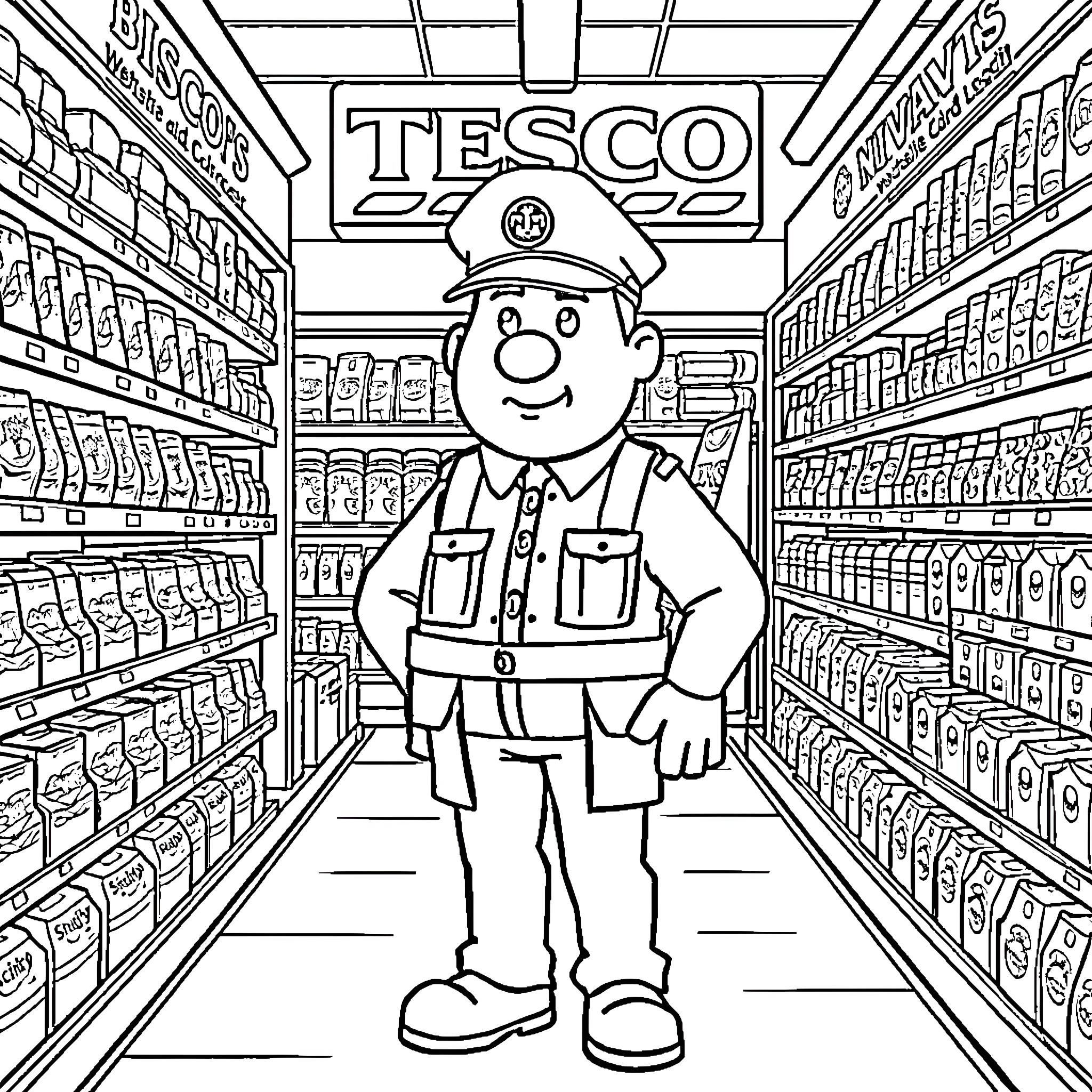 Postman Pat stocking shelves in a Tesco supermarket Coloring Page (free black-and-white line drawing printable PDF for all, from beginners to advanced learners, including children, teens, adults, and seniors)