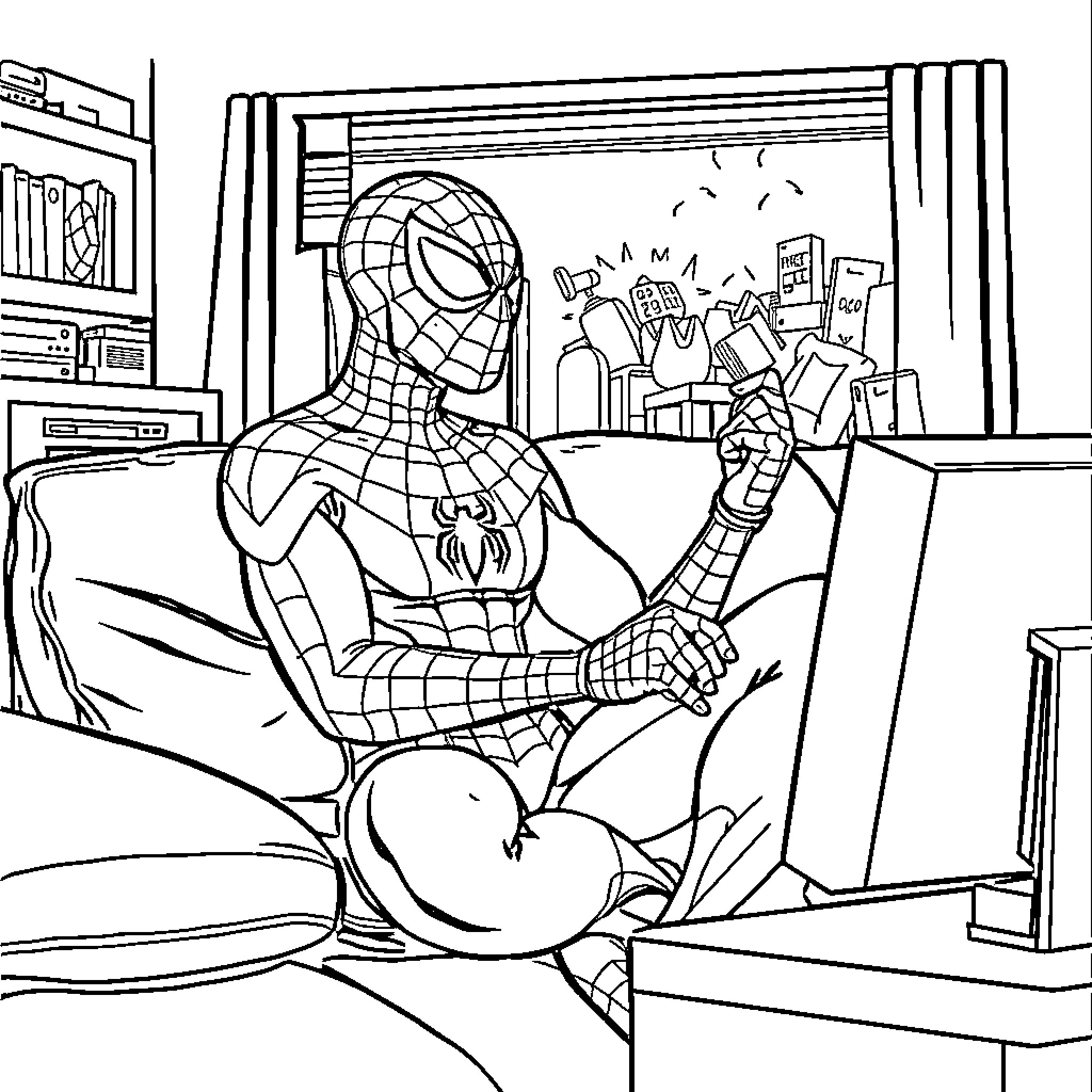 Spiderman relaxing in his apartment Coloring Page (free black-and-white line drawing printable PDF for all, from beginners to advanced learners, including children, teens, adults, and seniors)