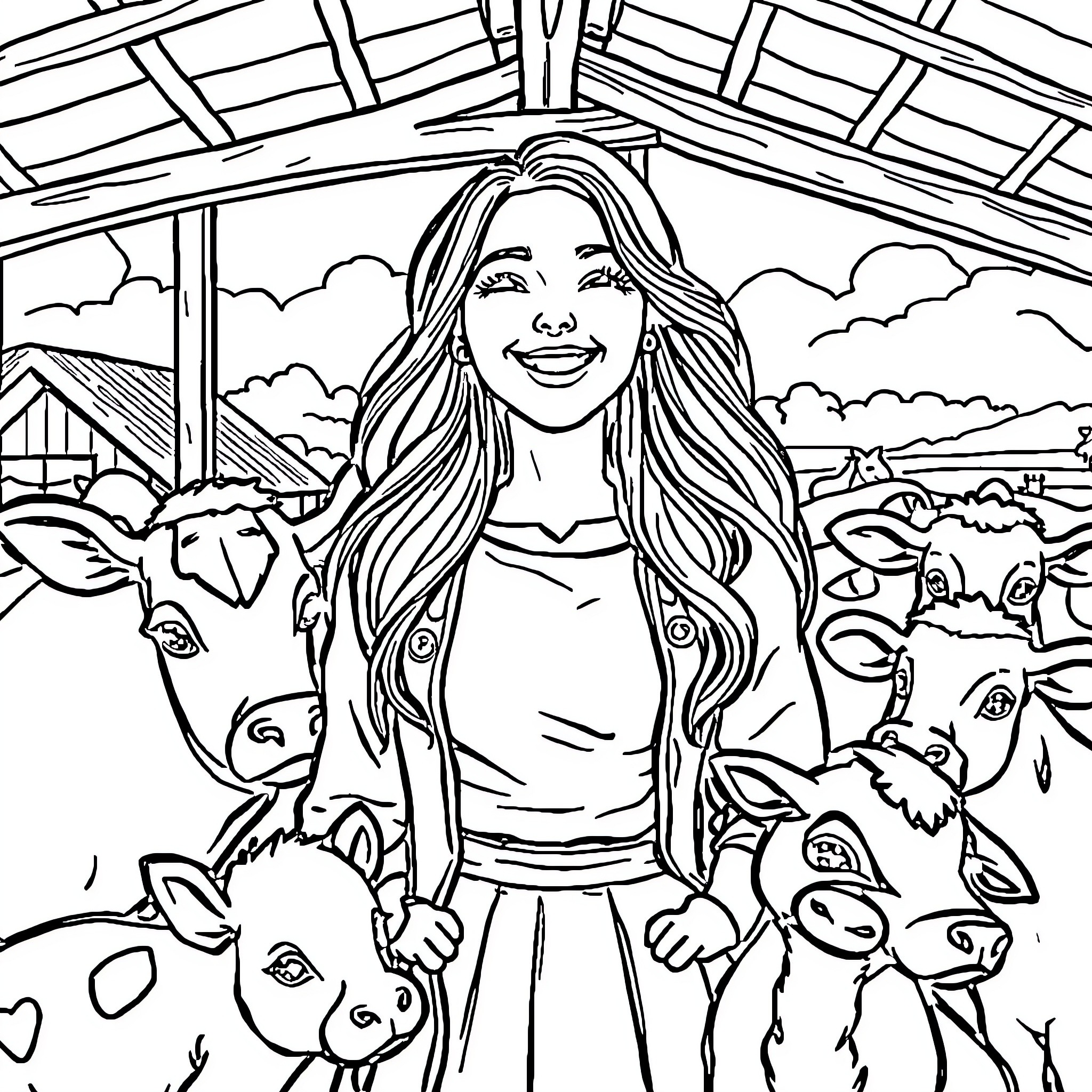 Woman with long hair surrounded by farm animals Coloring Page (free black-and-white line drawing printable PDF for all, from beginners to advanced learners, including children, teens, adults, and seniors)