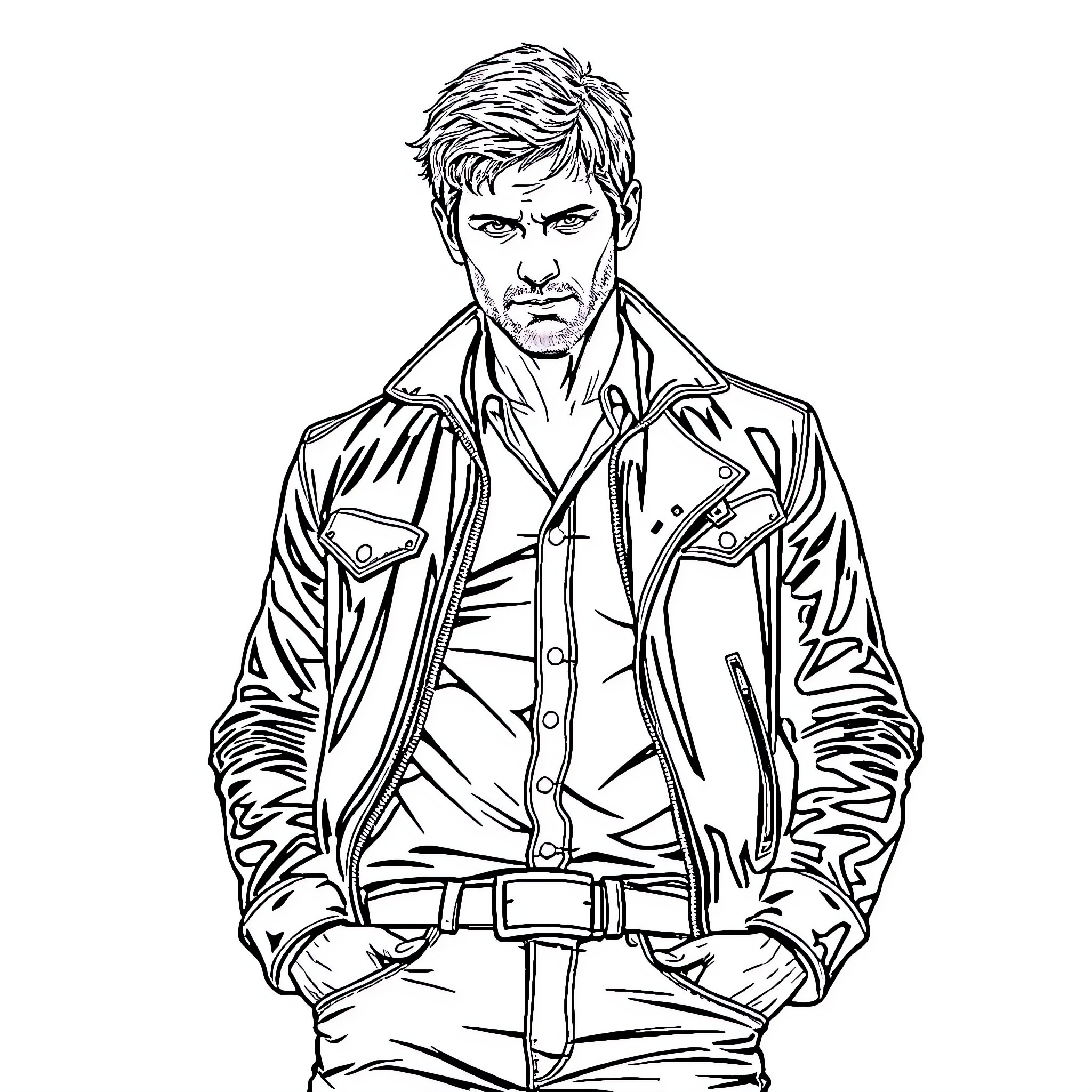 Dean in a serious expression with casual outfit Coloring Page (free black-and-white line drawing printable PDF for all, from beginners to advanced learners, including children, teens, adults, and seniors)