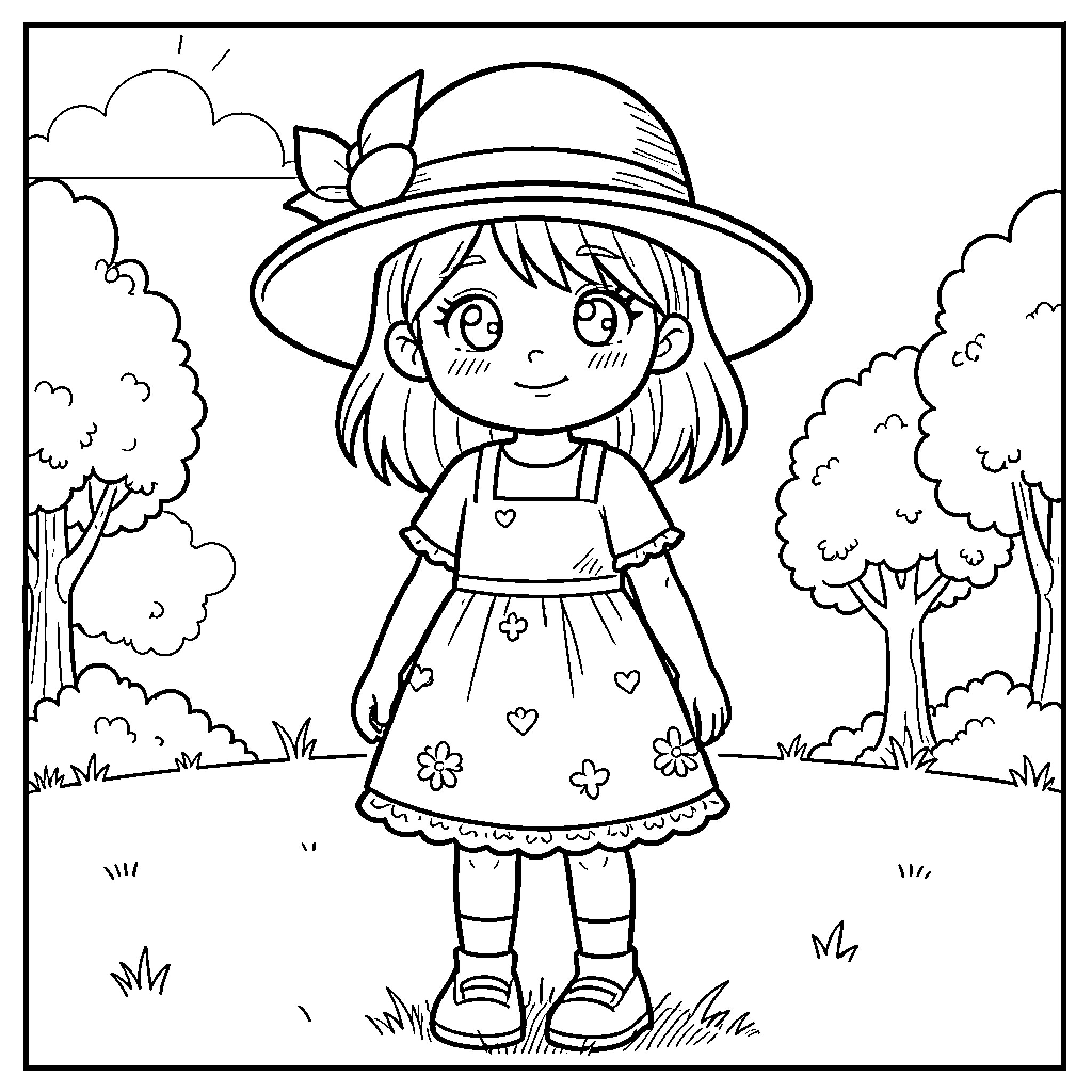 Girl in a floral dress and hat smiling in a park Coloring Page (free black-and-white line drawing printable PDF for all, from beginners to advanced learners, including children, teens, adults, and seniors)