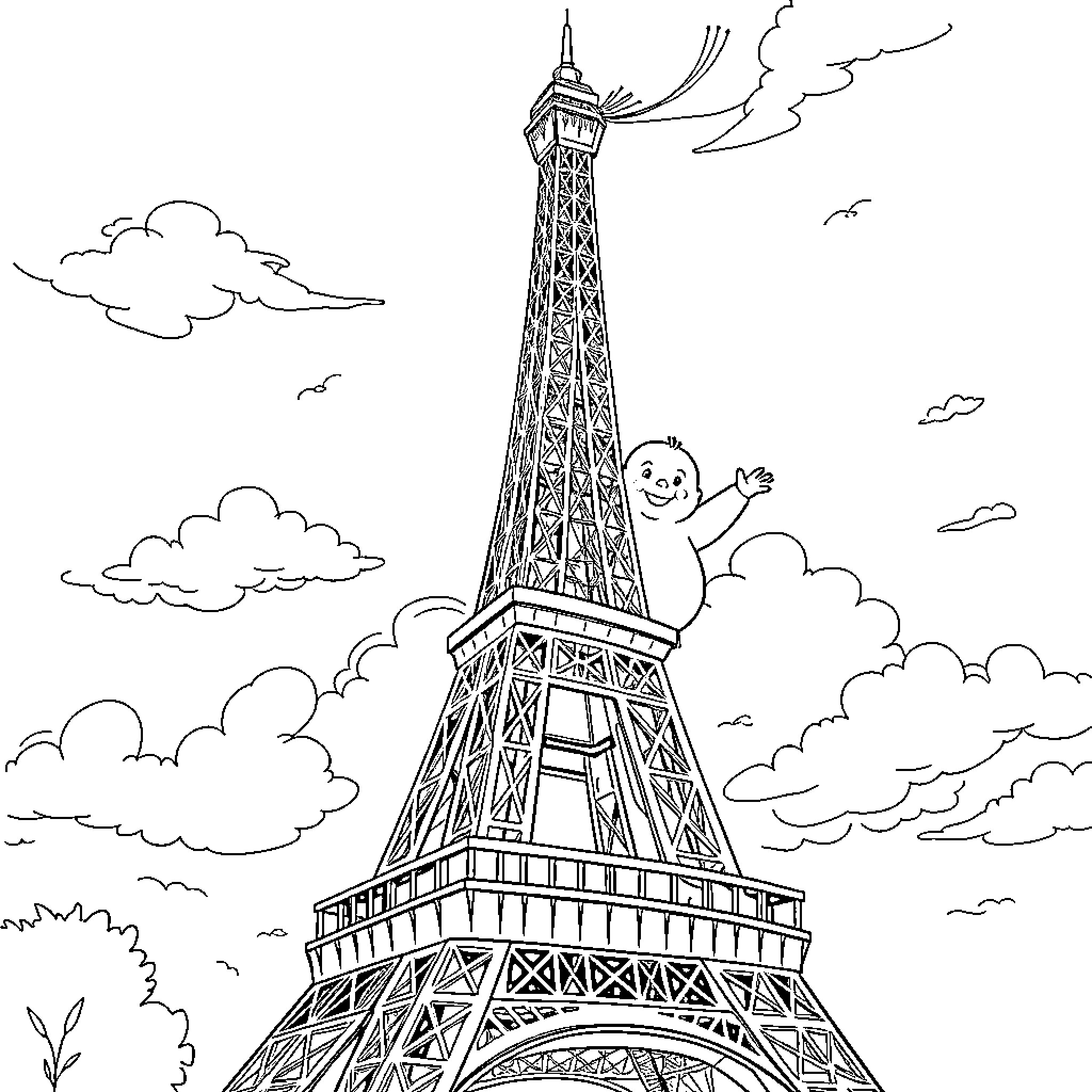 Eiffel Tower with a friendly figure Coloring Page (free black-and-white line drawing printable PDF for all, from beginners to advanced learners, including children, teens, adults, and seniors)