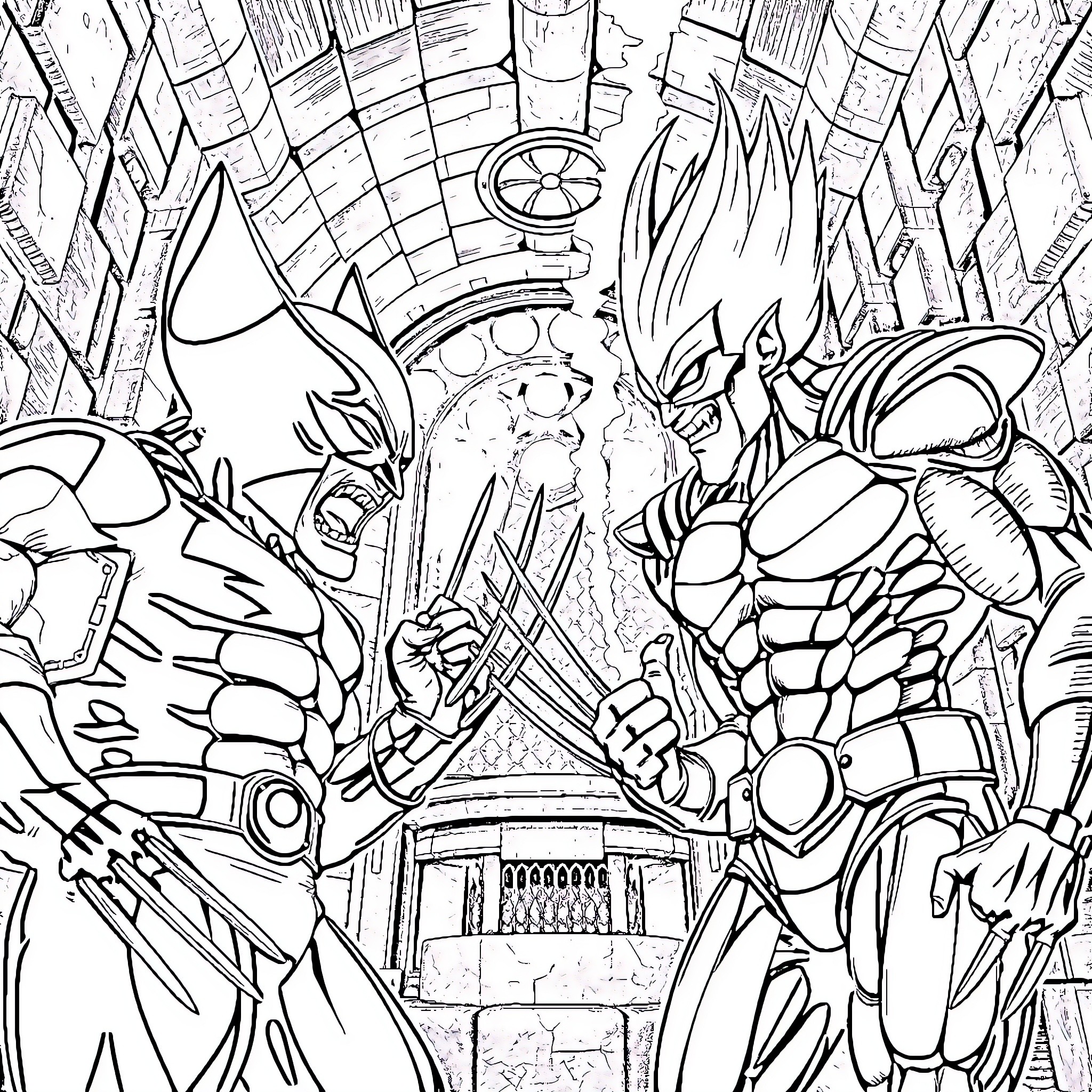 Wolverine battling fierce opponents in a futuristic cityscape Coloring Page (free black-and-white line drawing printable PDF for all, from beginners to advanced learners, including children, teens, adults, and seniors)
