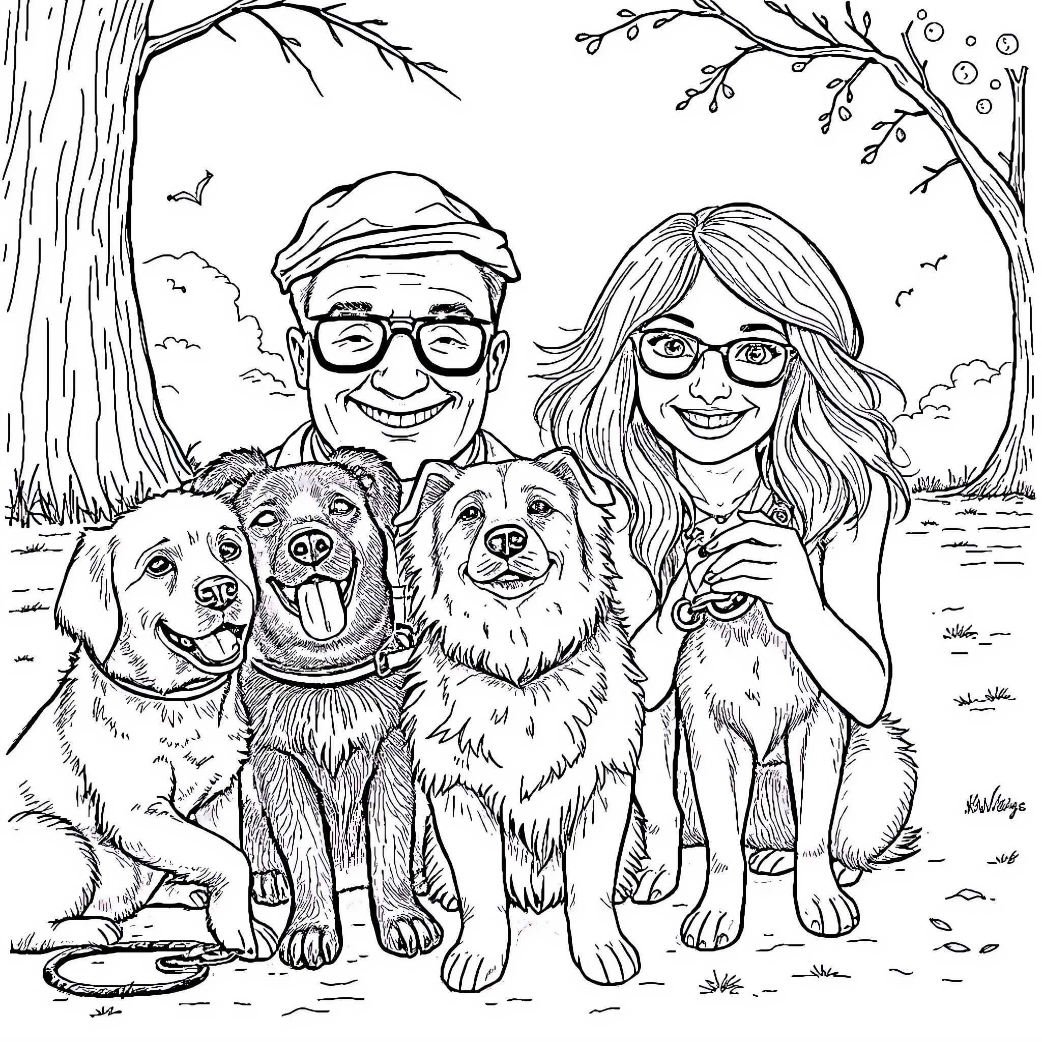 Sled Dog Family Outing in the Forest Coloring Page (free black-and-white line drawing printable PDF for all, from beginners to advanced learners, including children, teens, adults, and seniors)