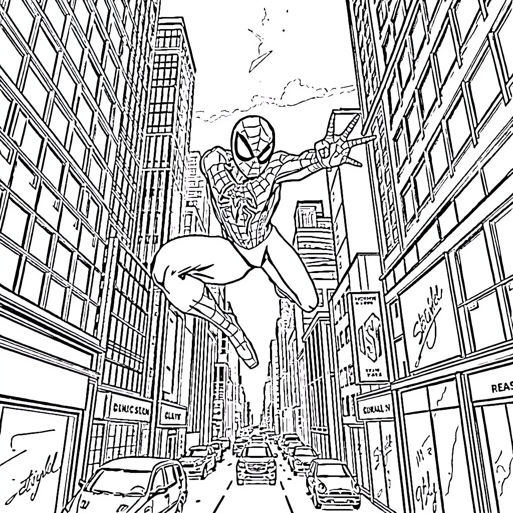 Spiderman swinging through the city skyline Coloring Page (free black-and-white line drawing printable PDF for all, from beginners to advanced learners, including children, teens, adults, and seniors)