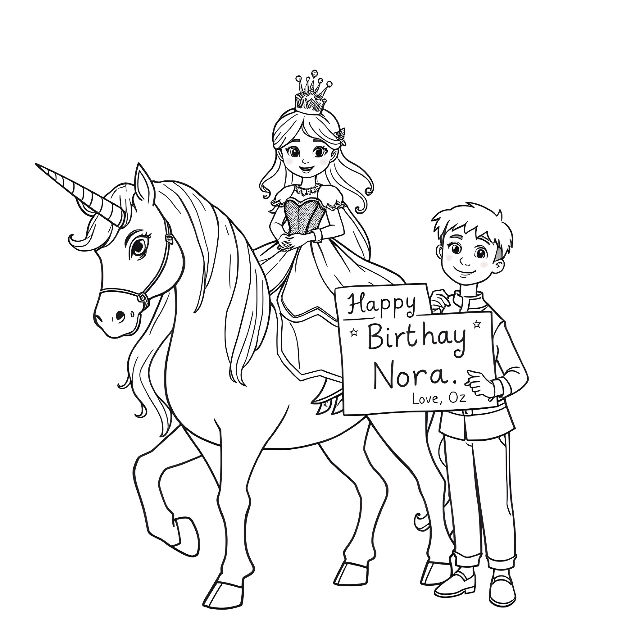 Princess and Prince Celebrating Birthday with Unicorn Coloring Page (free black-and-white line drawing printable PDF for all, from beginners to advanced learners, including children, teens, adults, and seniors)