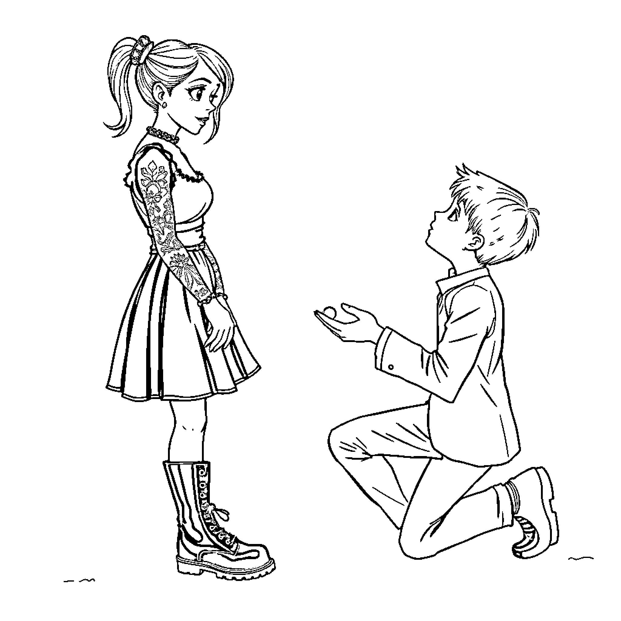 Goth Girl Receives Proposal from Gentleman Coloring Page (free black-and-white line drawing printable PDF for all, from beginners to advanced learners, including children, teens, adults, and seniors)