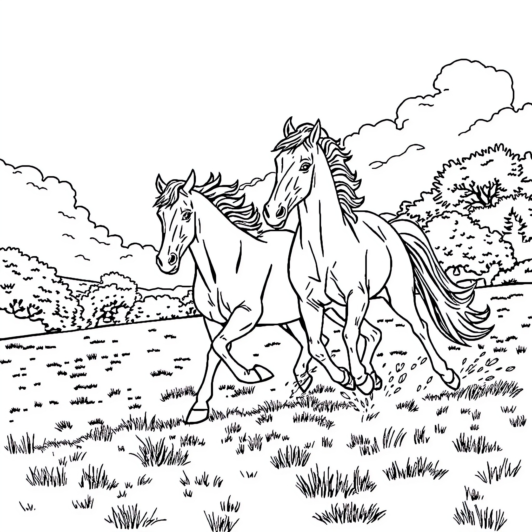 Horse galloping freely in the countryside Coloring Page (free black-and-white line drawing printable PDF for all, from beginners to advanced learners, including children, teens, adults, and seniors)