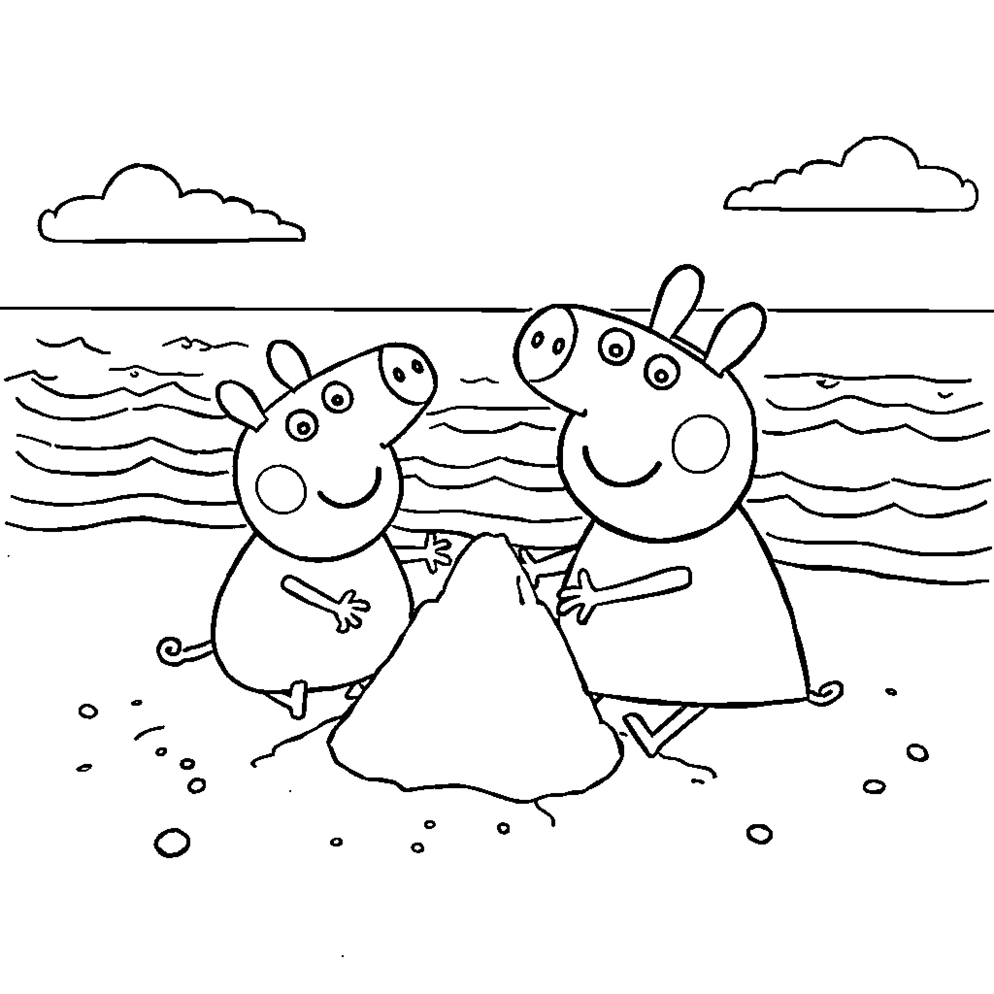 Peppa Pig and friends playing on the beach Coloring Page (free black-and-white line drawing printable PDF for all, from beginners to advanced learners, including children, teens, adults, and seniors)