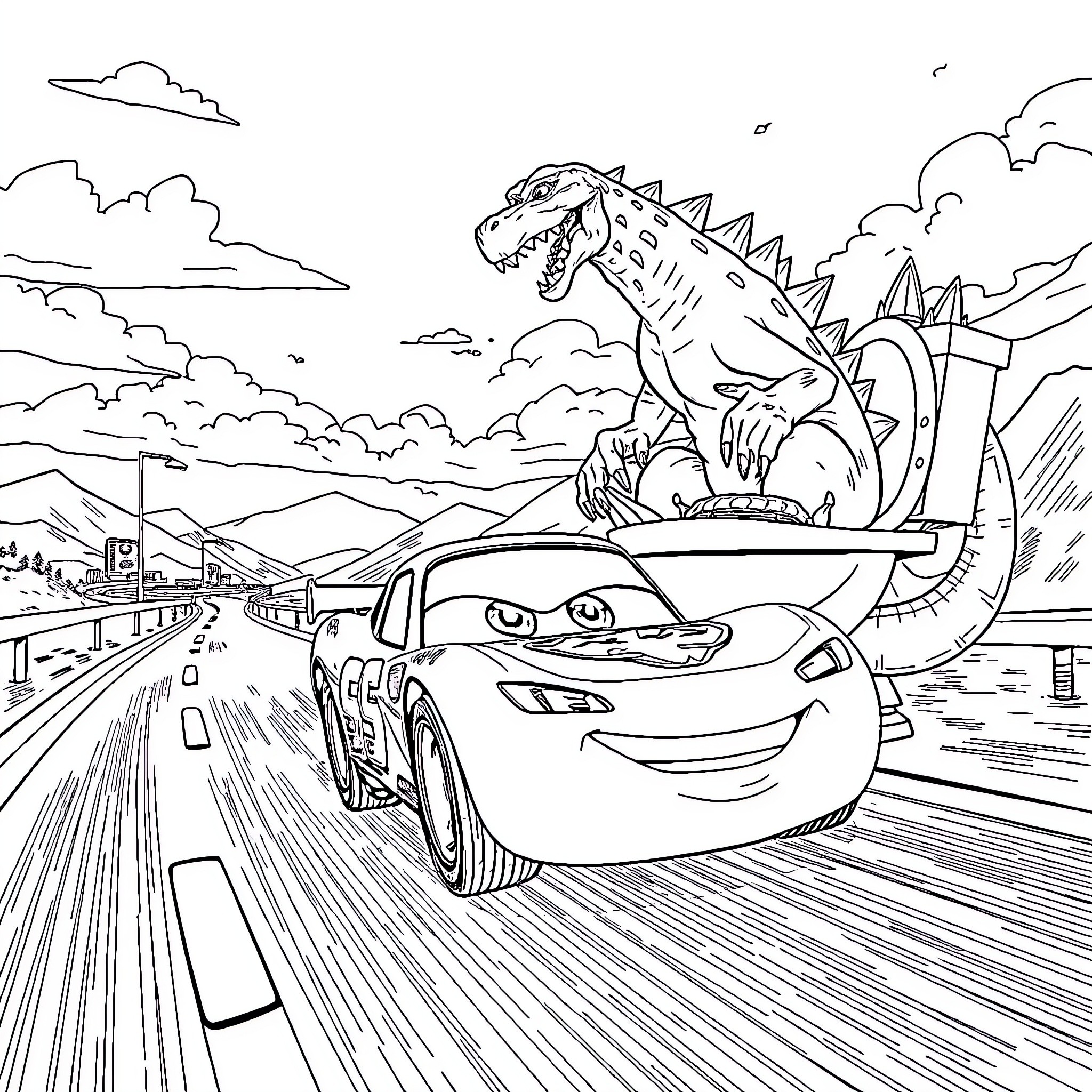 Lightning McQueen racing with a dinosaur Coloring Page (free black-and-white line drawing printable PDF for all, from beginners to advanced learners, including children, teens, adults, and seniors)