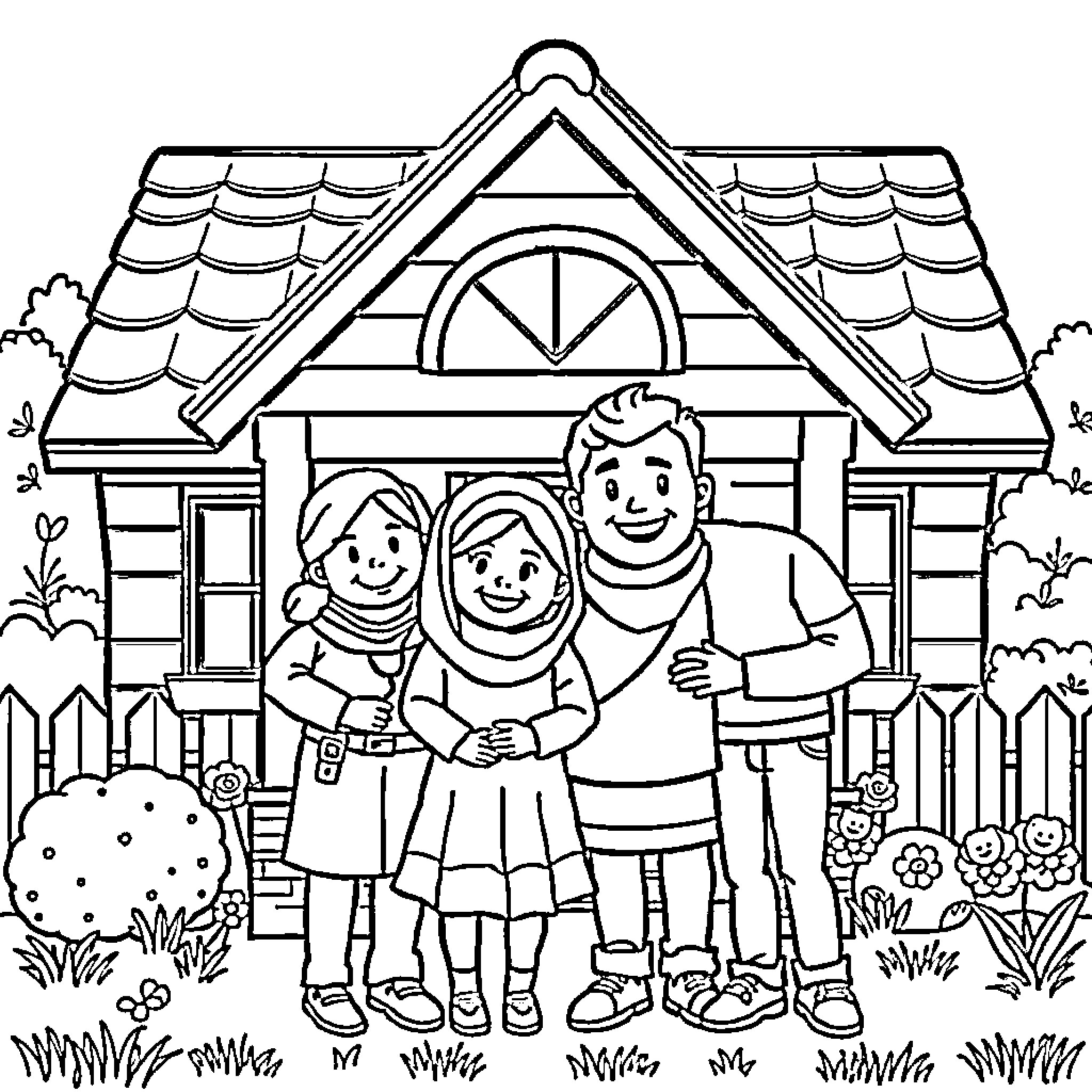 Cobluey Family Posing Together Outdoors Coloring Page (free black-and-white line drawing printable PDF for all, from beginners to advanced learners, including children, teens, adults, and seniors)