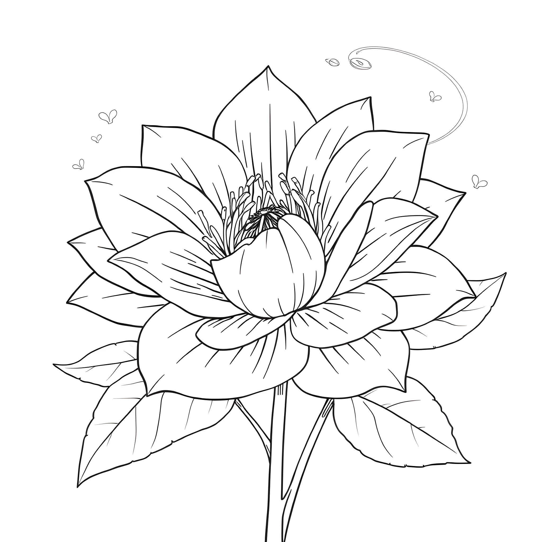 Flower blooming beautifully in the garden Coloring Page (free black-and-white line drawing printable PDF for all, from beginners to advanced learners, including children, teens, adults, and seniors)