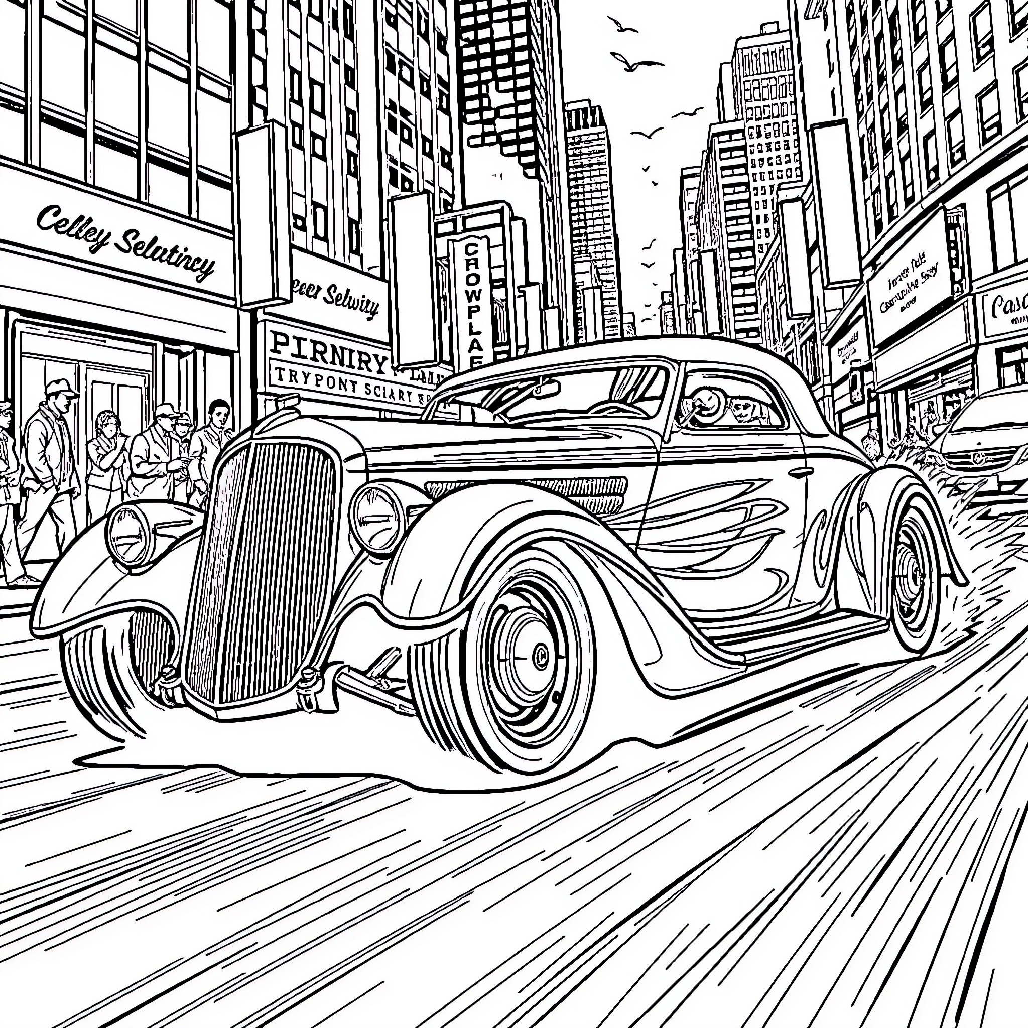 Hot Rod Cruising through Bustling City Streets Coloring Page (free black-and-white line drawing printable PDF for all, from beginners to advanced learners, including children, teens, adults, and seniors)