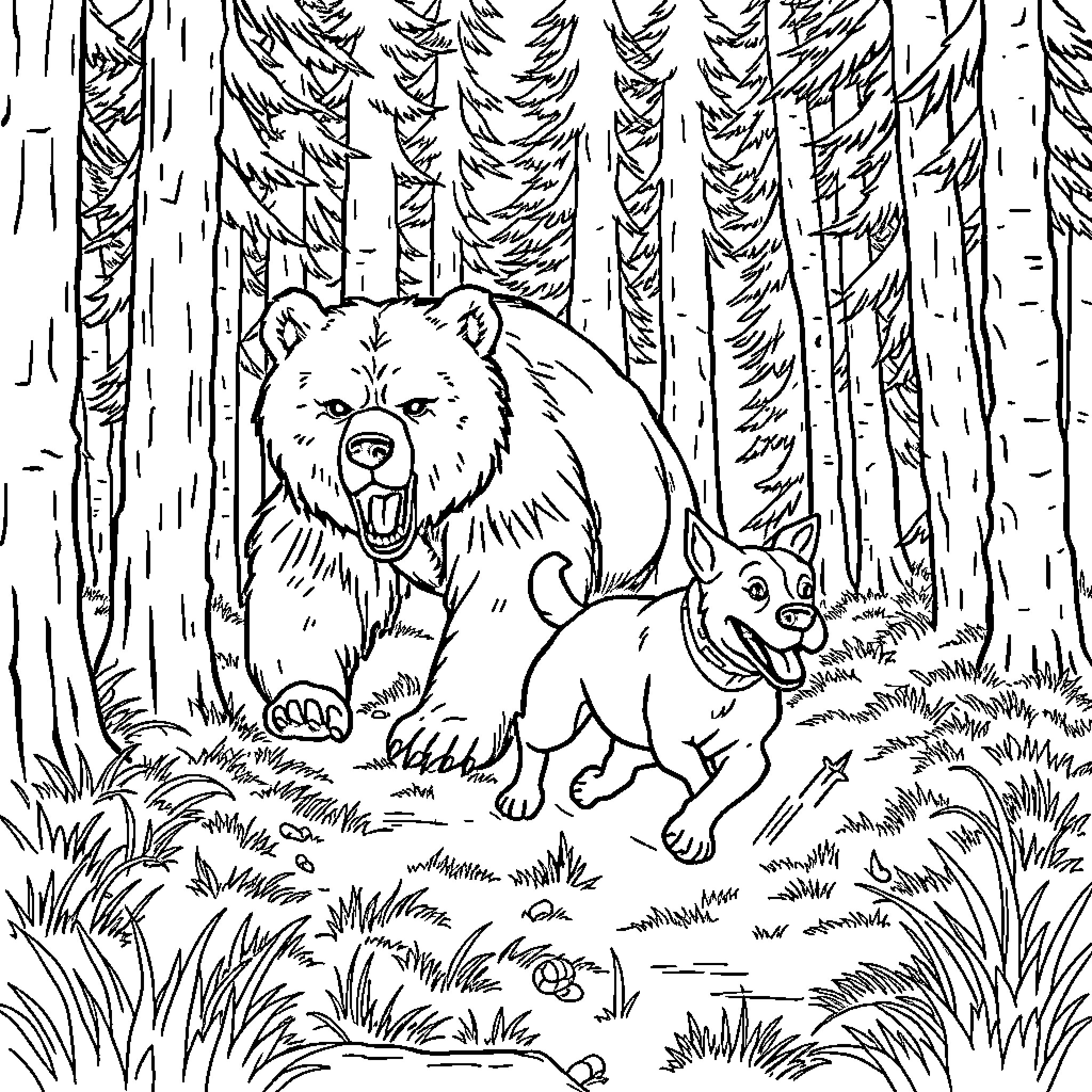 Dog and puppy playing in the forest Coloring Page (free black-and-white line drawing printable PDF for all, from beginners to advanced learners, including children, teens, adults, and seniors)