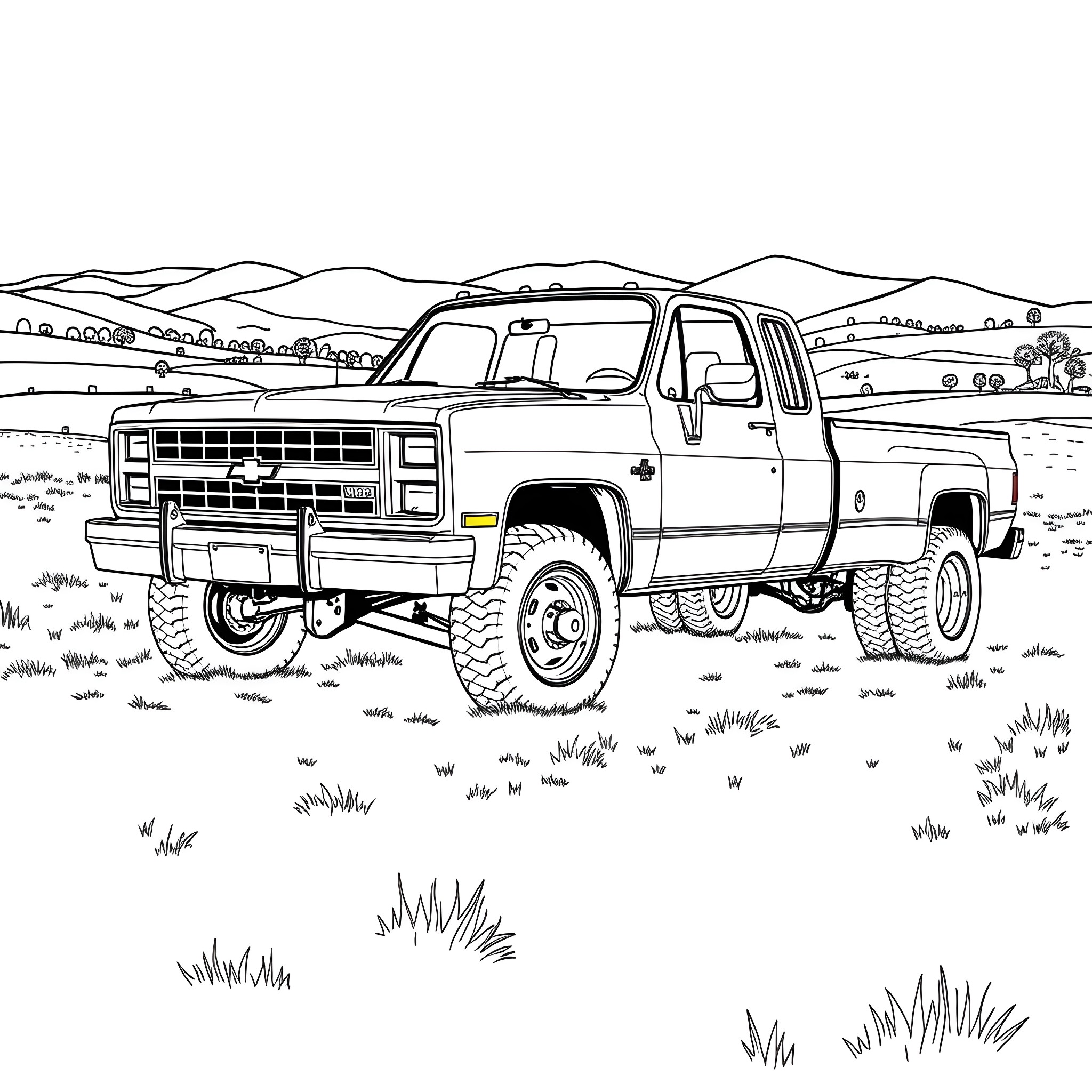 Chevy pickup truck in rugged outdoor setting Coloring Page (free black-and-white line drawing printable PDF for all, from beginners to advanced learners, including children, teens, adults, and seniors)
