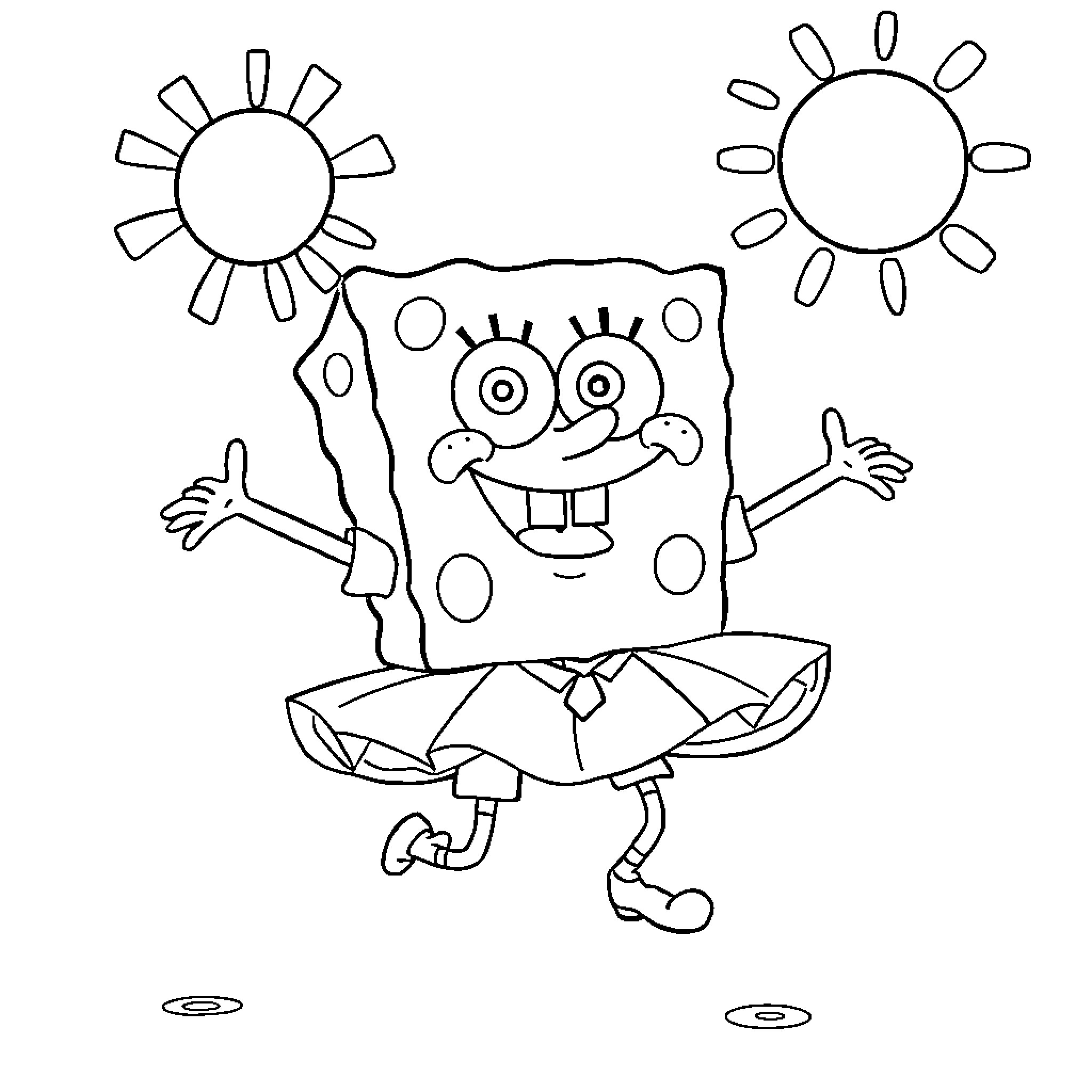Spongebob dancing happily under the sun Coloring Page (free black-and-white line drawing printable PDF for all, from beginners to advanced learners, including children, teens, adults, and seniors)