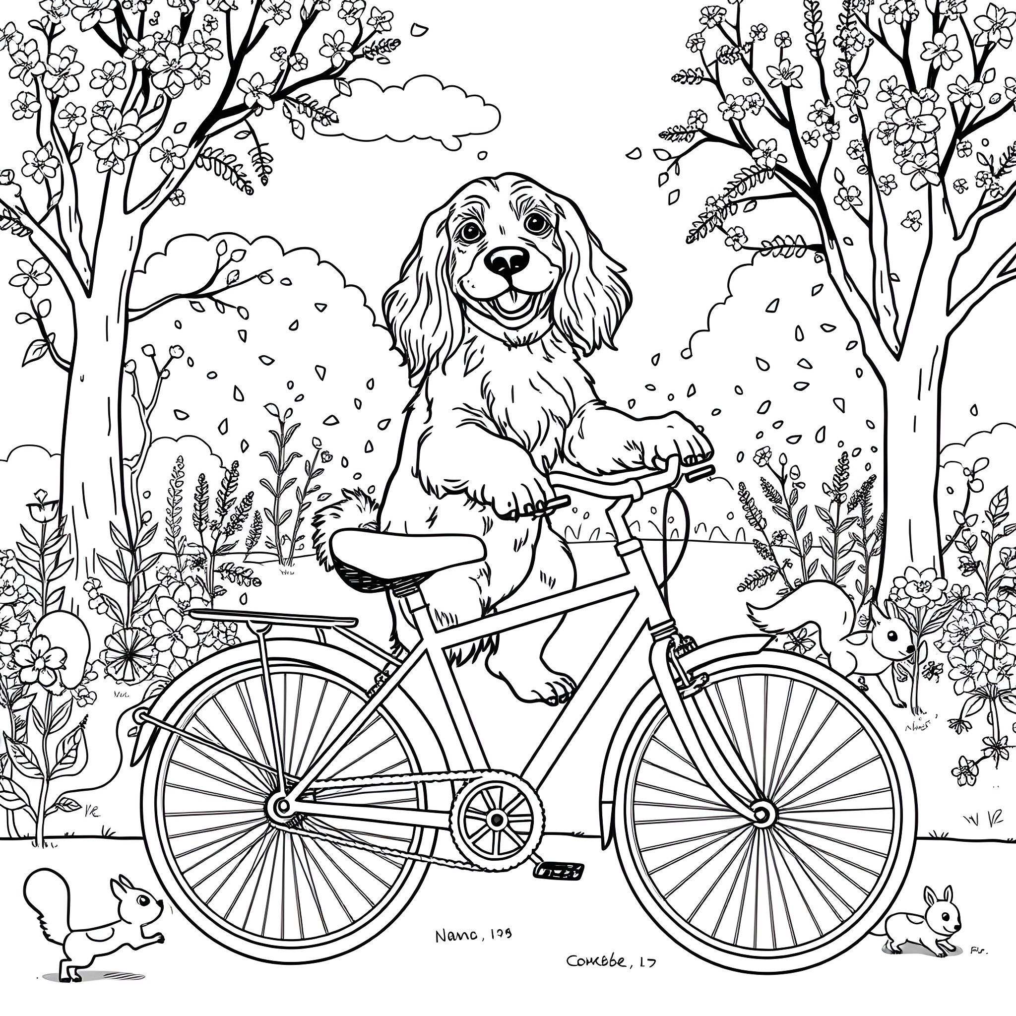 Cocker Spaniel riding a bicycle in the park Coloring Page (free black-and-white line drawing printable PDF for all, from beginners to advanced learners, including children, teens, adults, and seniors)