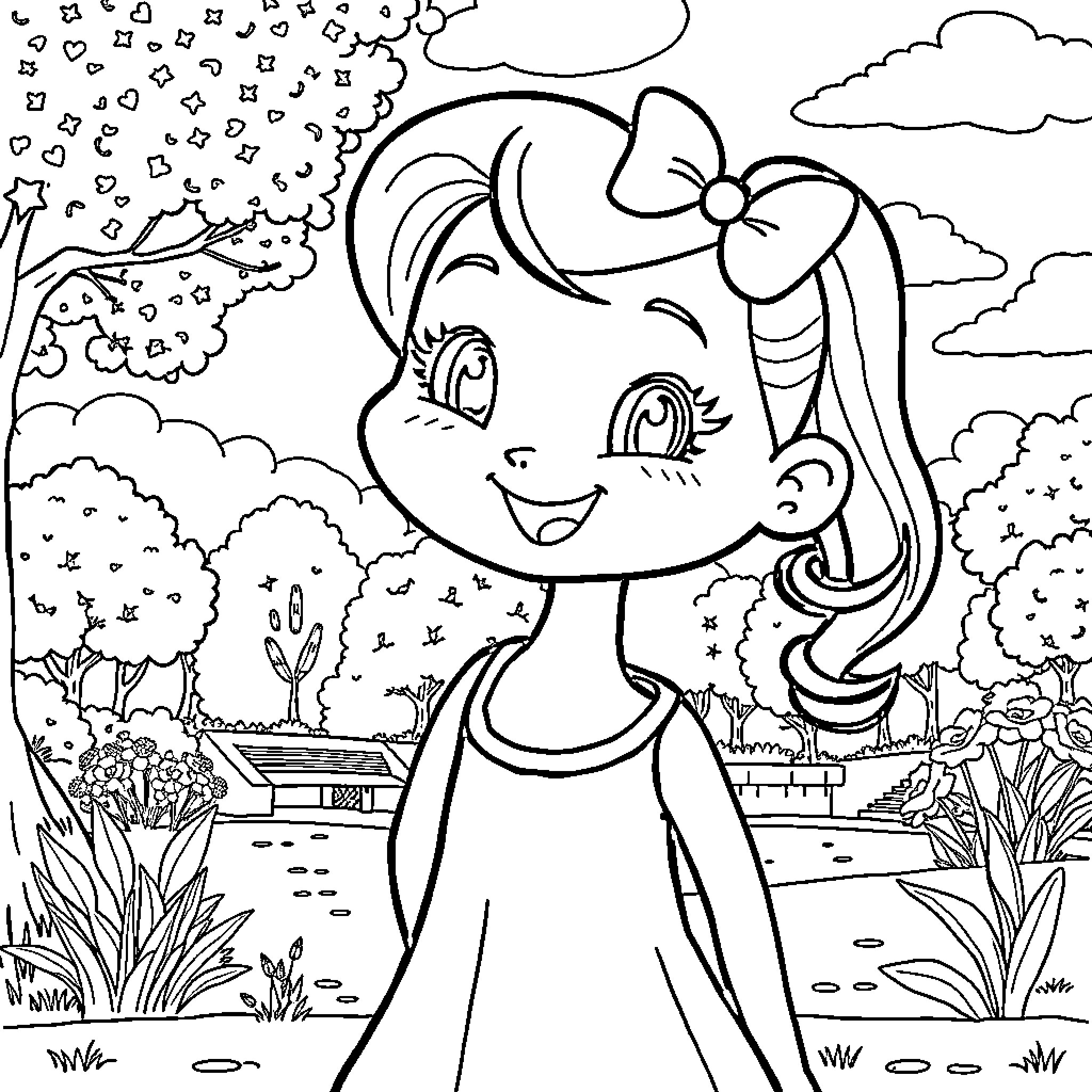 Mia's Enchanting Outdoor Adventure Coloring Page (free black-and-white line drawing printable PDF for all, from beginners to advanced learners, including children, teens, adults, and seniors)