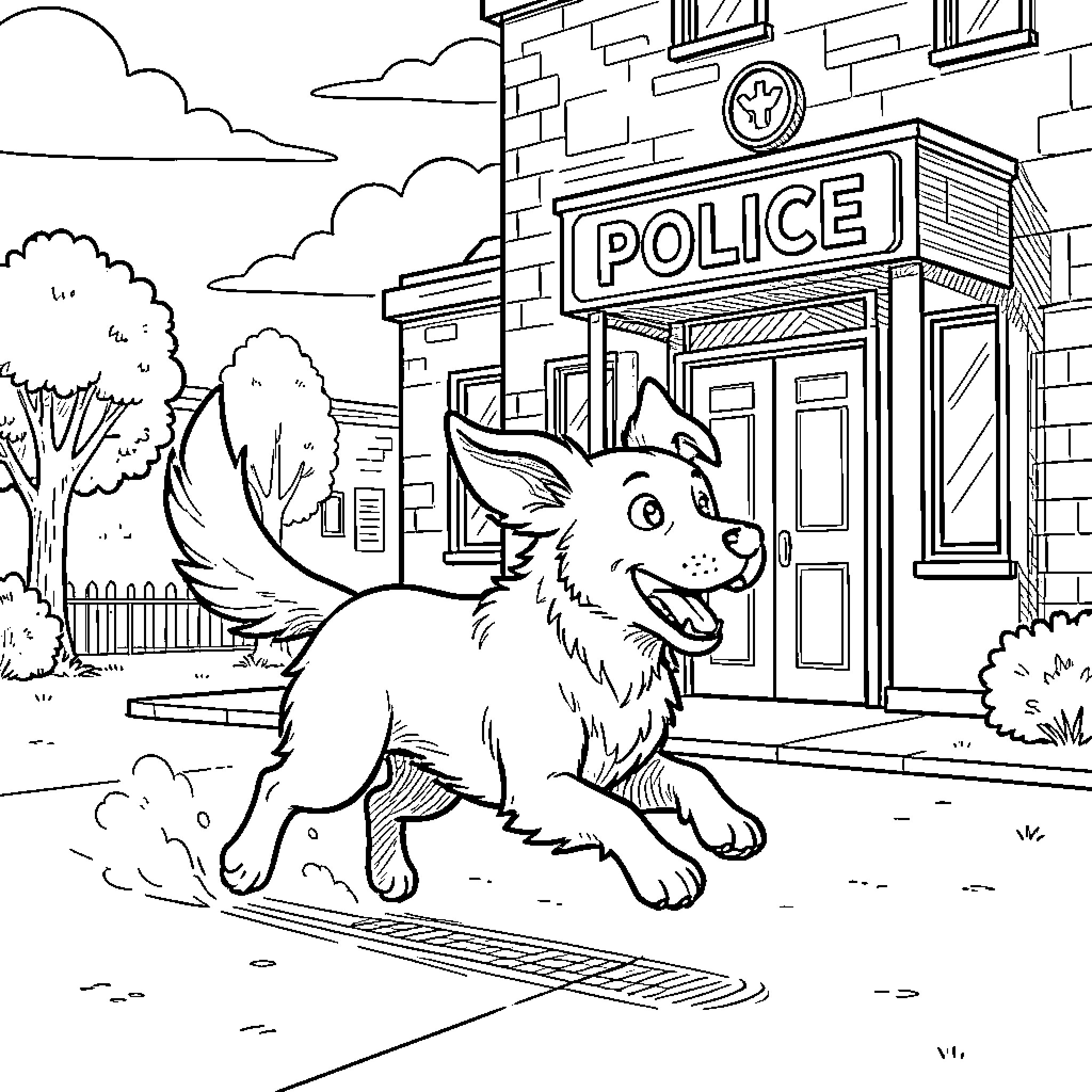 Dog running happily in front of a police station Coloring Page (free black-and-white line drawing printable PDF for all, from beginners to advanced learners, including children, teens, adults, and seniors)