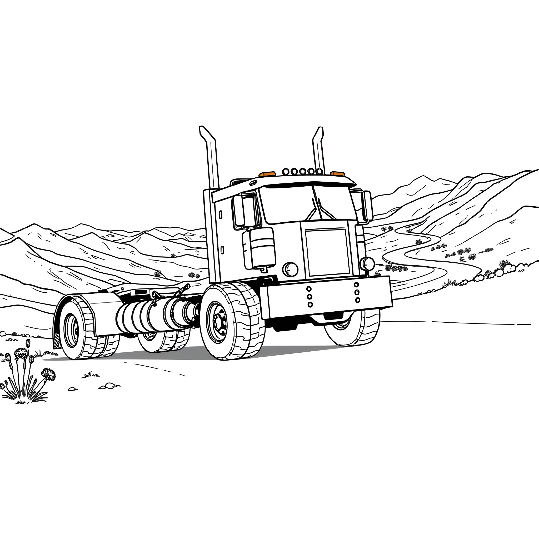 Dually Truck Traversing Rugged Terrain Coloring Page (free black-and-white line drawing printable PDF for all, from beginners to advanced learners, including children, teens, adults, and seniors)