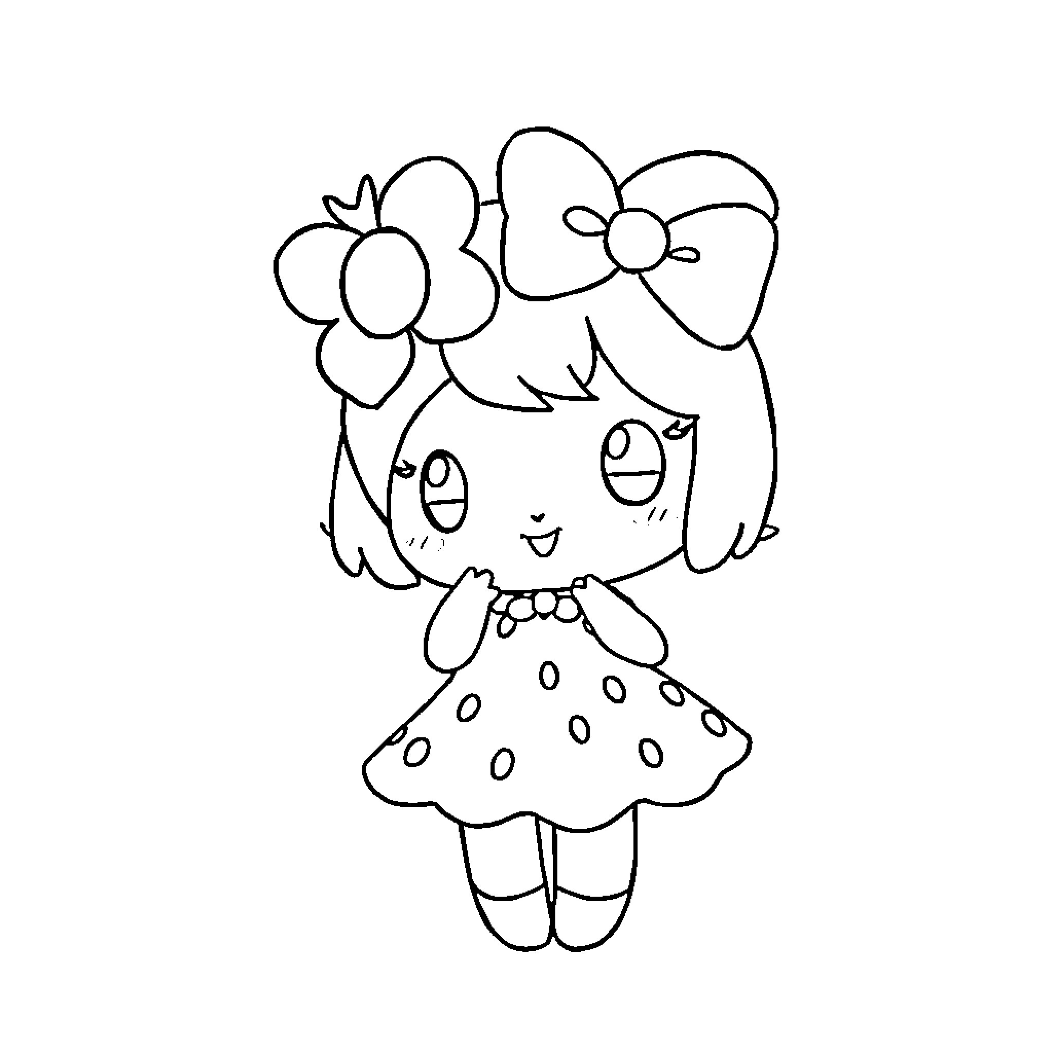 My Melody Doll in Polka Dot Dress Coloring Page (free black-and-white line drawing printable PDF for all, from beginners to advanced learners, including children, teens, adults, and seniors)