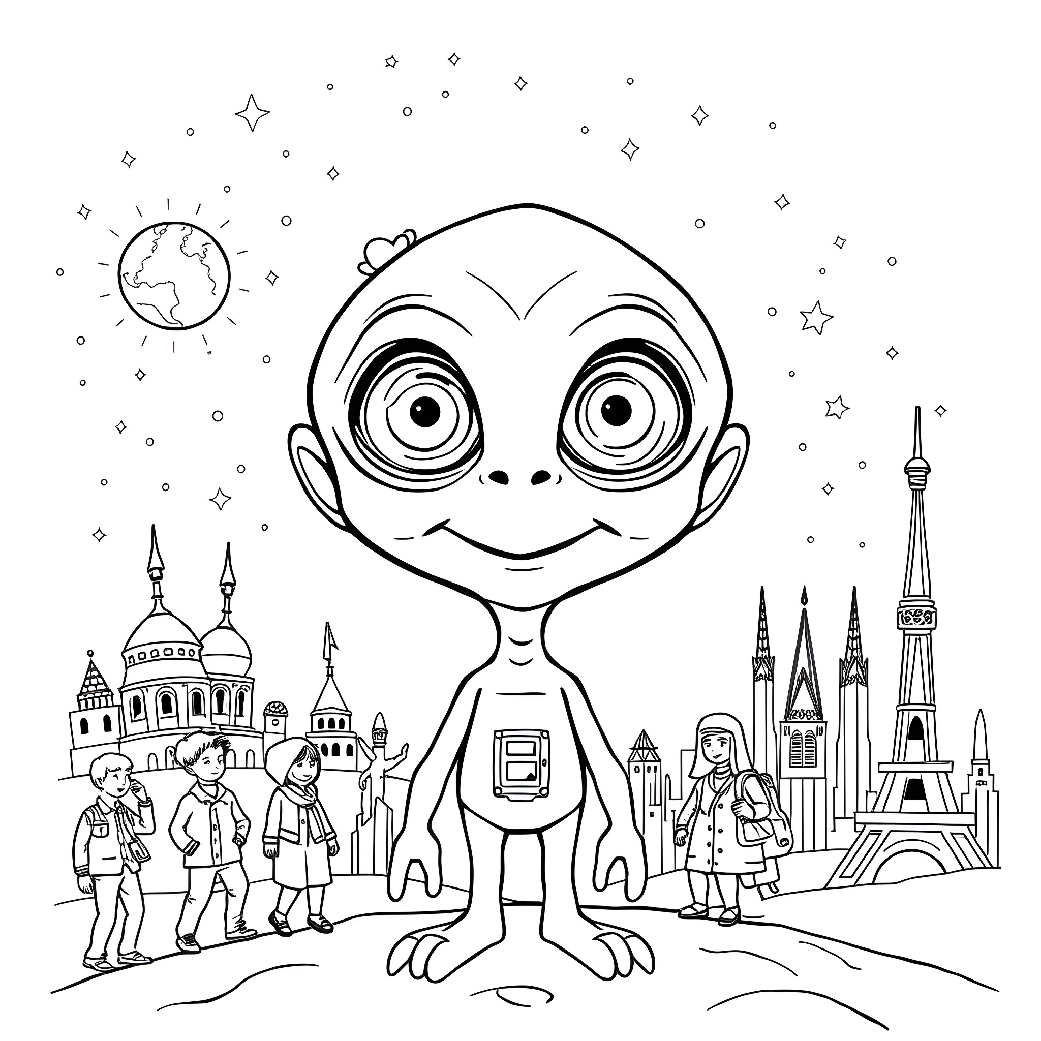 Alien explores whimsical cityscape with human companions Coloring Page (free black-and-white line drawing printable PDF for all, from beginners to advanced learners, including children, teens, adults, and seniors)