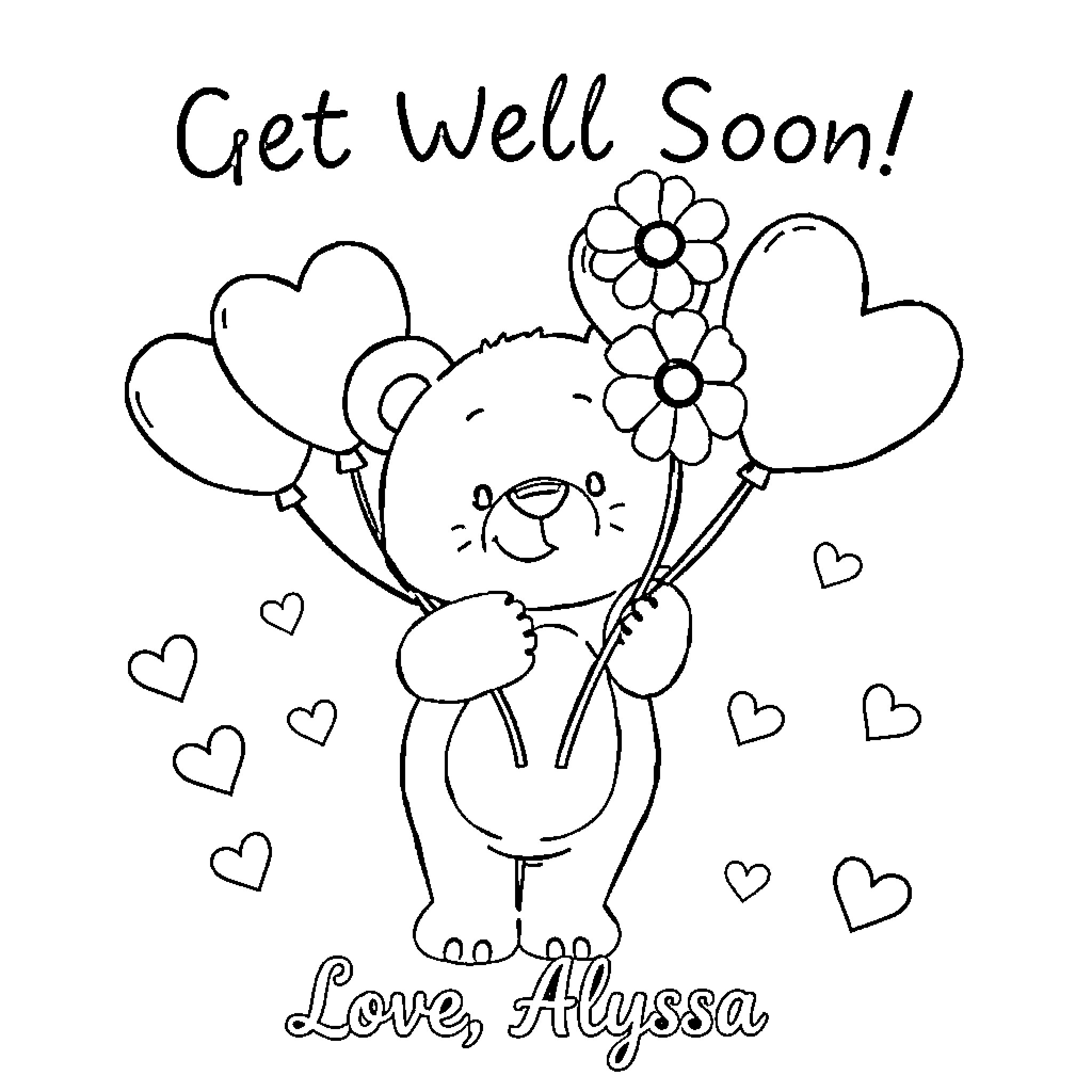Bear holding bouquet with get well wishes Coloring Page (free black-and-white line drawing printable PDF for all, from beginners to advanced learners, including children, teens, adults, and seniors)