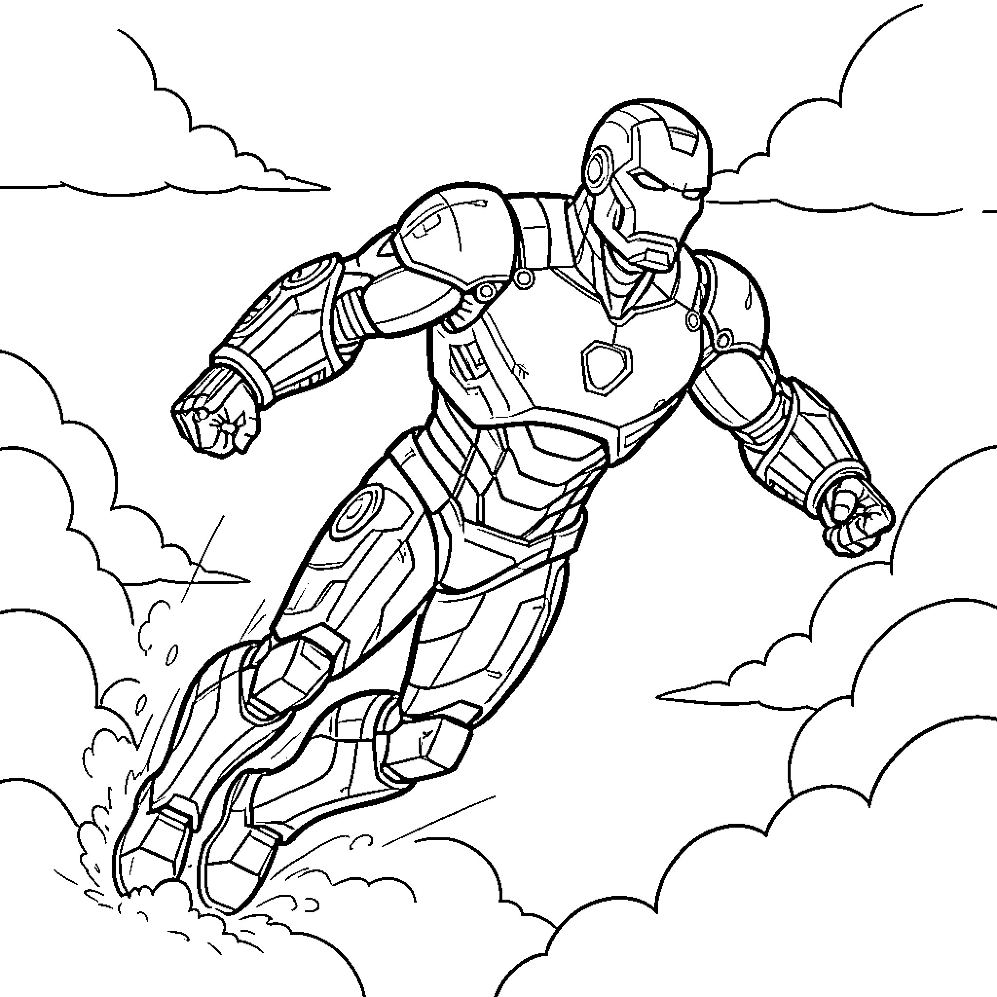 Iron Man flying heroically through the clouds Coloring Page (free black-and-white line drawing printable PDF for all, from beginners to advanced learners, including children, teens, adults, and seniors)