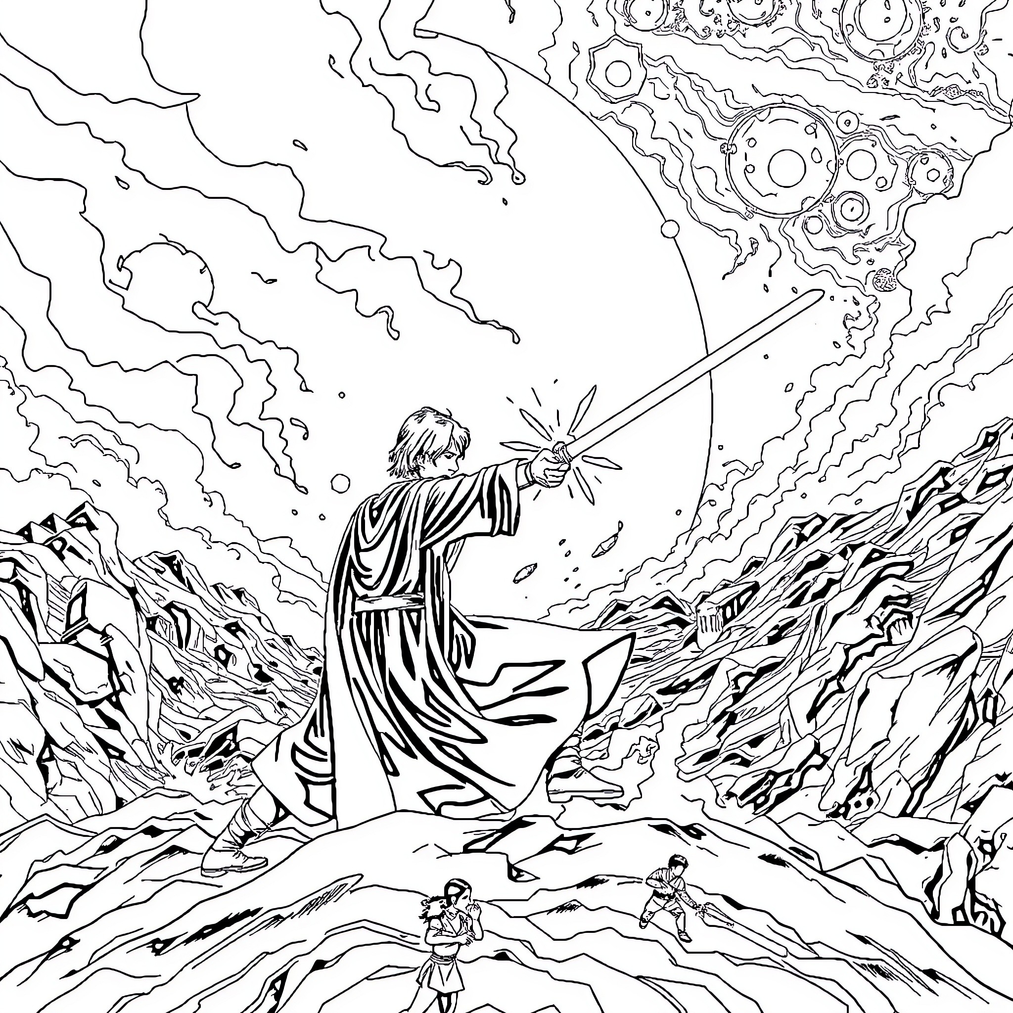 Anakin's Heroic Ascent Through Turmoil Coloring Page (free black-and-white line drawing printable PDF for all, from beginners to advanced learners, including children, teens, adults, and seniors)