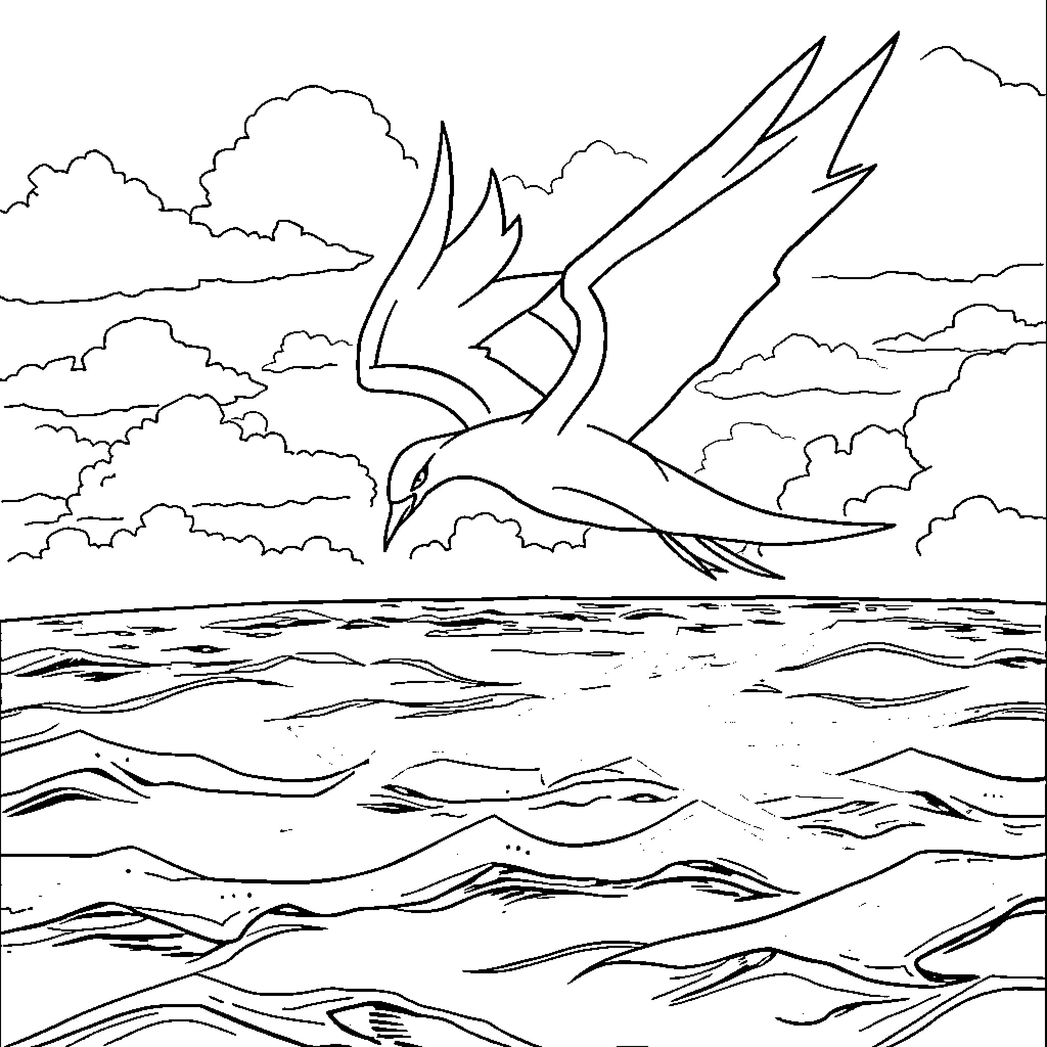 Lugia soaring over the ocean waves Coloring Page (free black-and-white line drawing printable PDF for all, from beginners to advanced learners, including children, teens, adults, and seniors)
