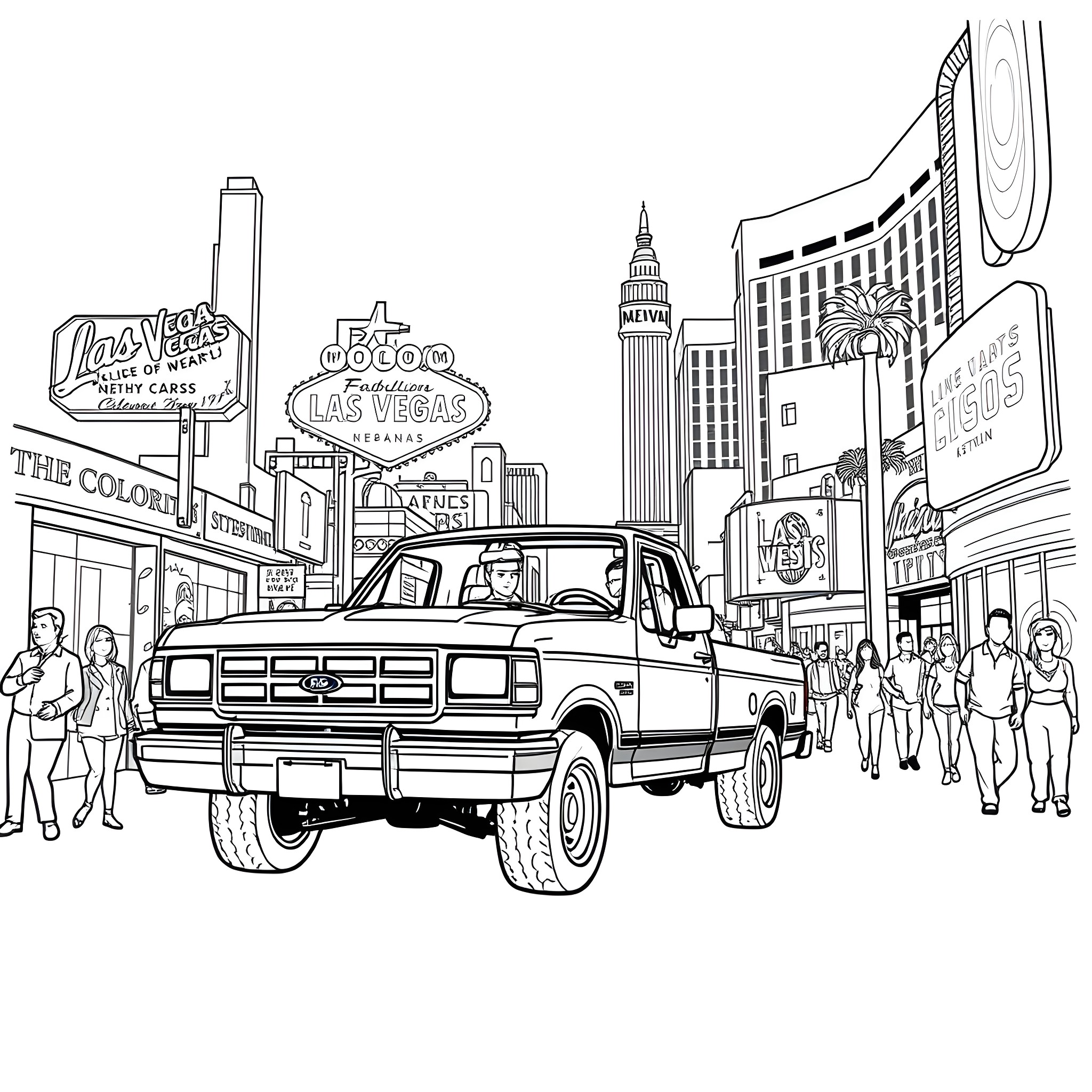 F150 Truck in Vibrant City Landscape Coloring Page (free black-and-white line drawing printable PDF for all, from beginners to advanced learners, including children, teens, adults, and seniors)