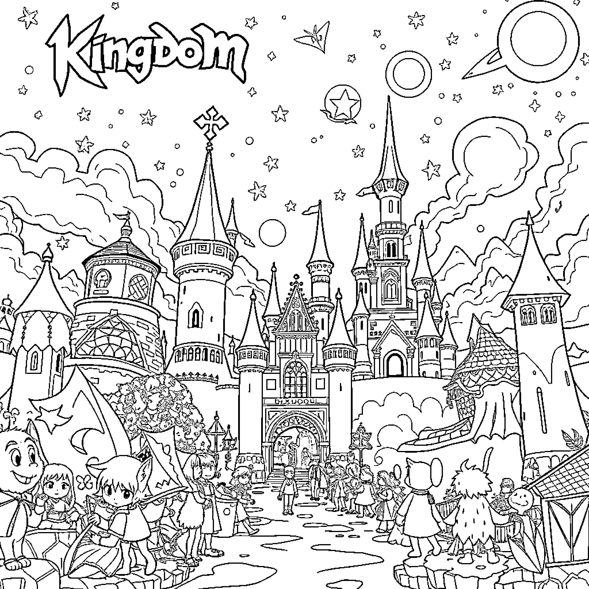 Kingdom Hearts: Fantastical Castle Wonderland Coloring Page (free black-and-white line drawing printable PDF for all, from beginners to advanced learners, including children, teens, adults, and seniors)