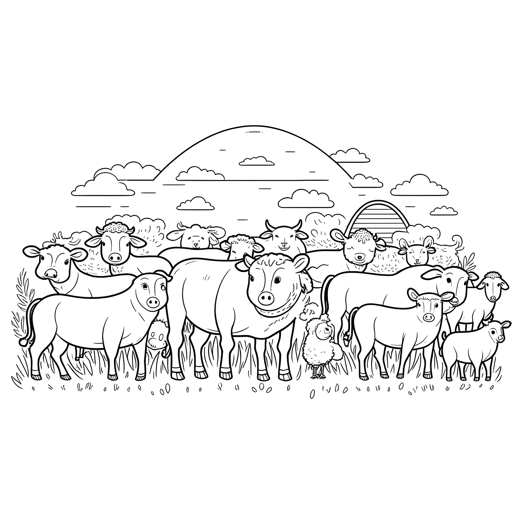Farm Animal Herd Grazing in Countryside Landscape Coloring Page (free black-and-white line drawing printable PDF for all, from beginners to advanced learners, including children, teens, adults, and seniors)