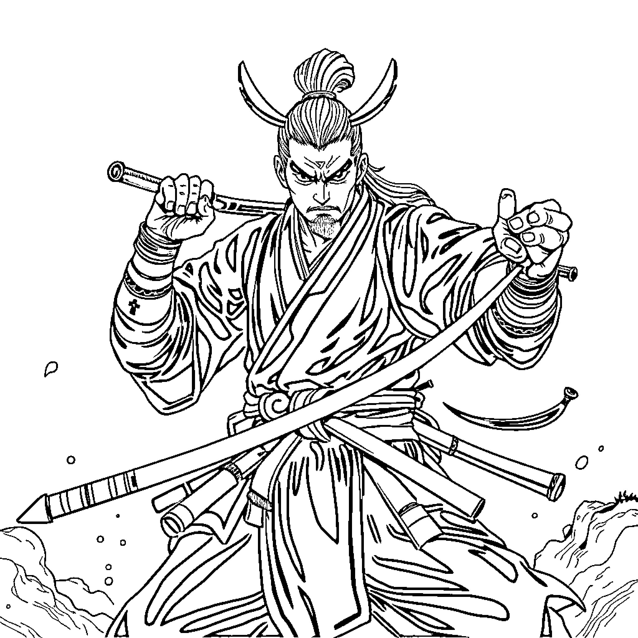 Isagi Yoichi in fierce battle with swords and battle attire Coloring Page (free black-and-white line drawing printable PDF for all, from beginners to advanced learners, including children, teens, adults, and seniors)
