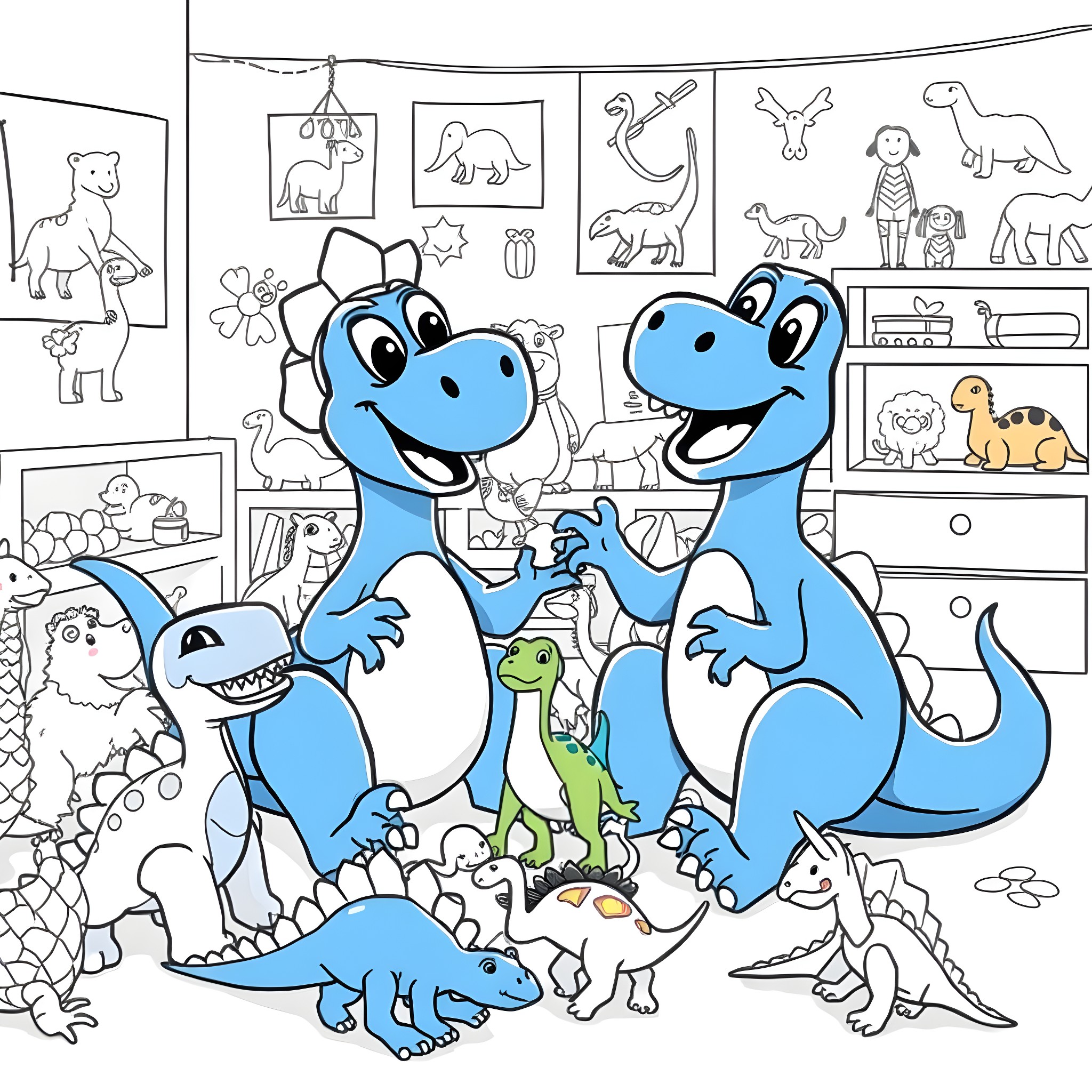 Bluey and friends exploring a room full of dinosaur toys Coloring Page (free black-and-white line drawing printable PDF for all, from beginners to advanced learners, including children, teens, adults, and seniors)